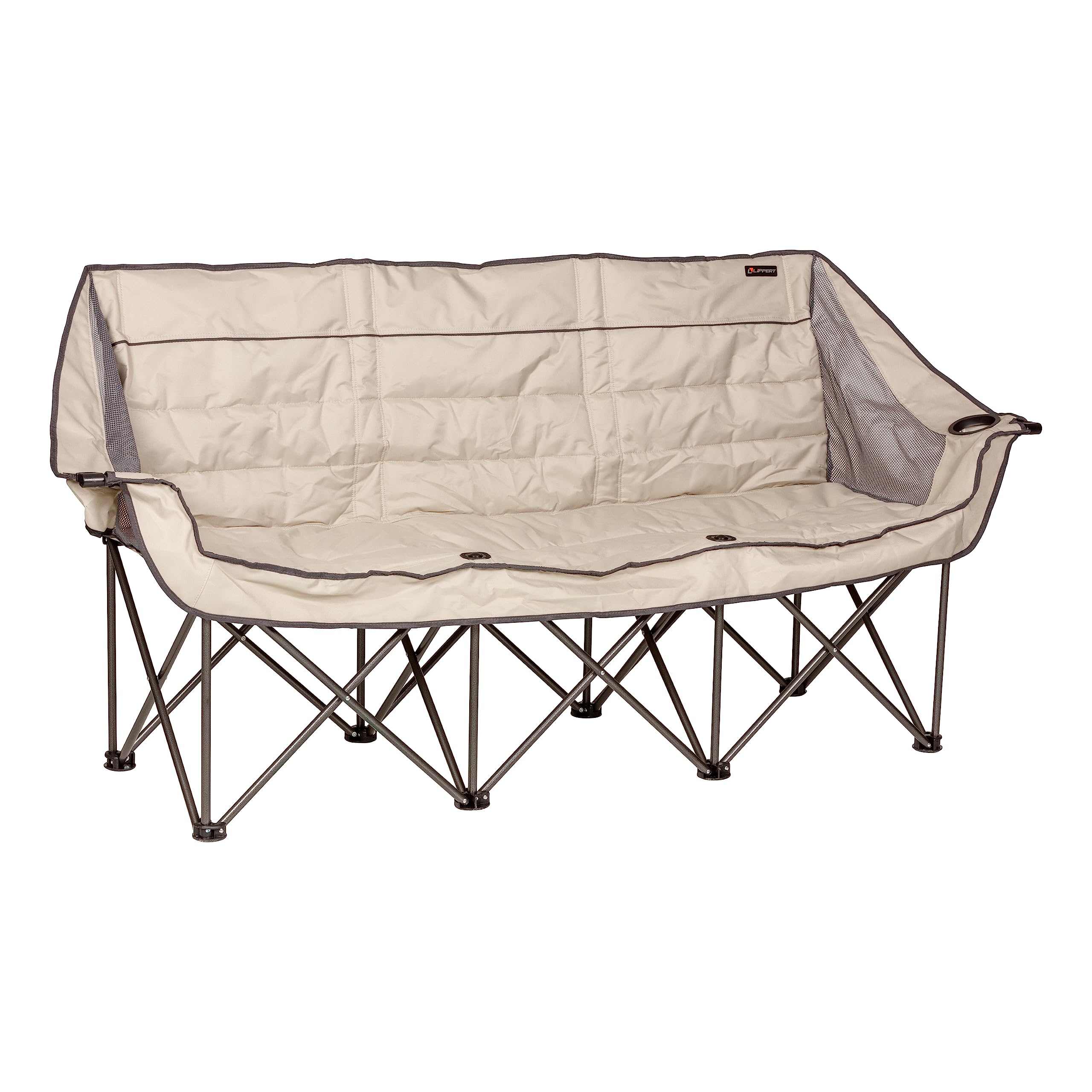 Lippert Folding Campfire Couch - Sand, High-Loft, Foldable Sofa, Dual Cup Holders, Power Coated Steel Frame, Durable 600D Polyester Fabric for Outdoor Use, 500 lb. Capacity, 2022114795