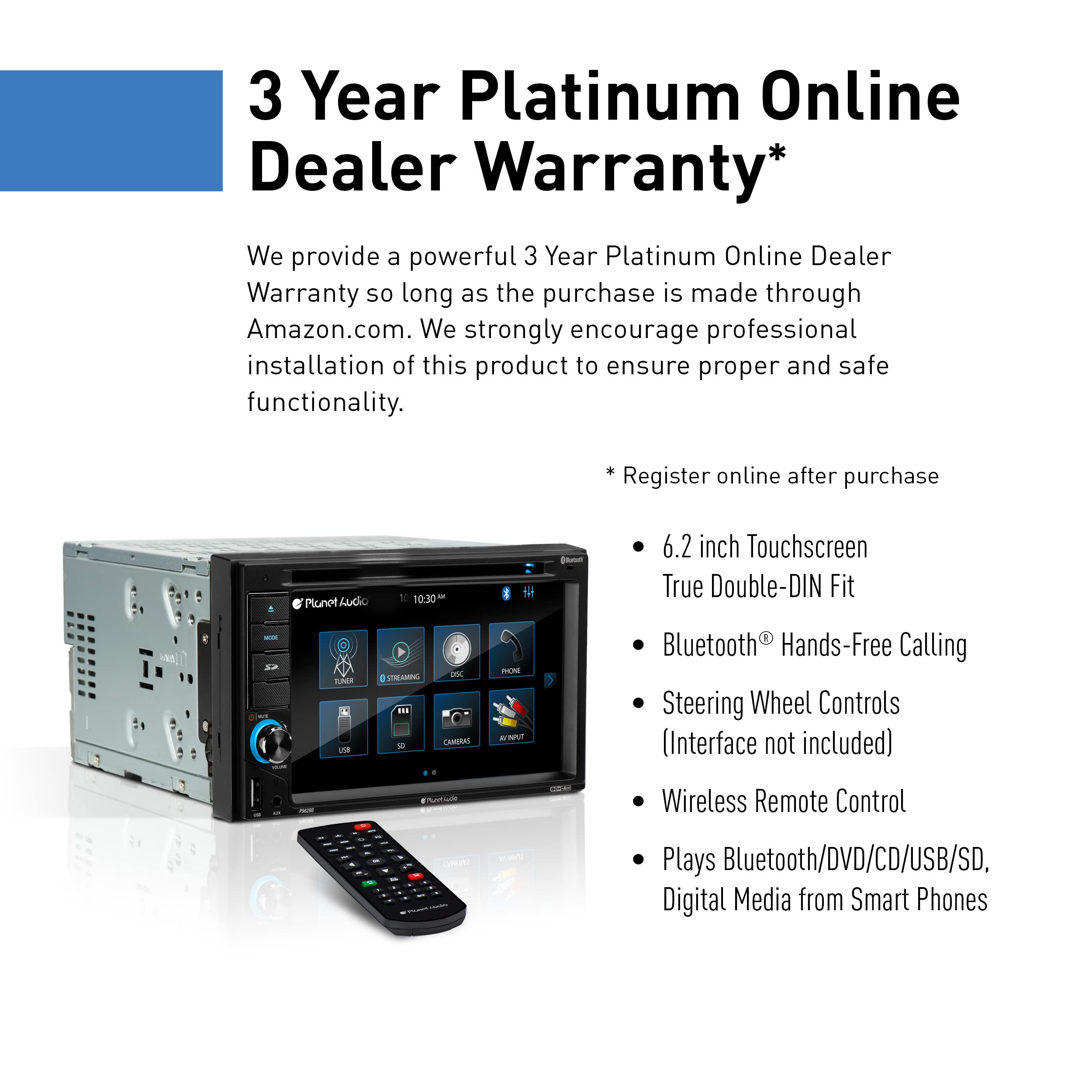 Car Stereo System Planet Audio P9628B - 6.2 Inch Double Din, Touchscreen, Bluetooth Audio and Calling Head Unit, MP3, CD Player, DVD, USB, SD, AUX in, AM/FM Radio Receiver, Hook Up to Amplifier