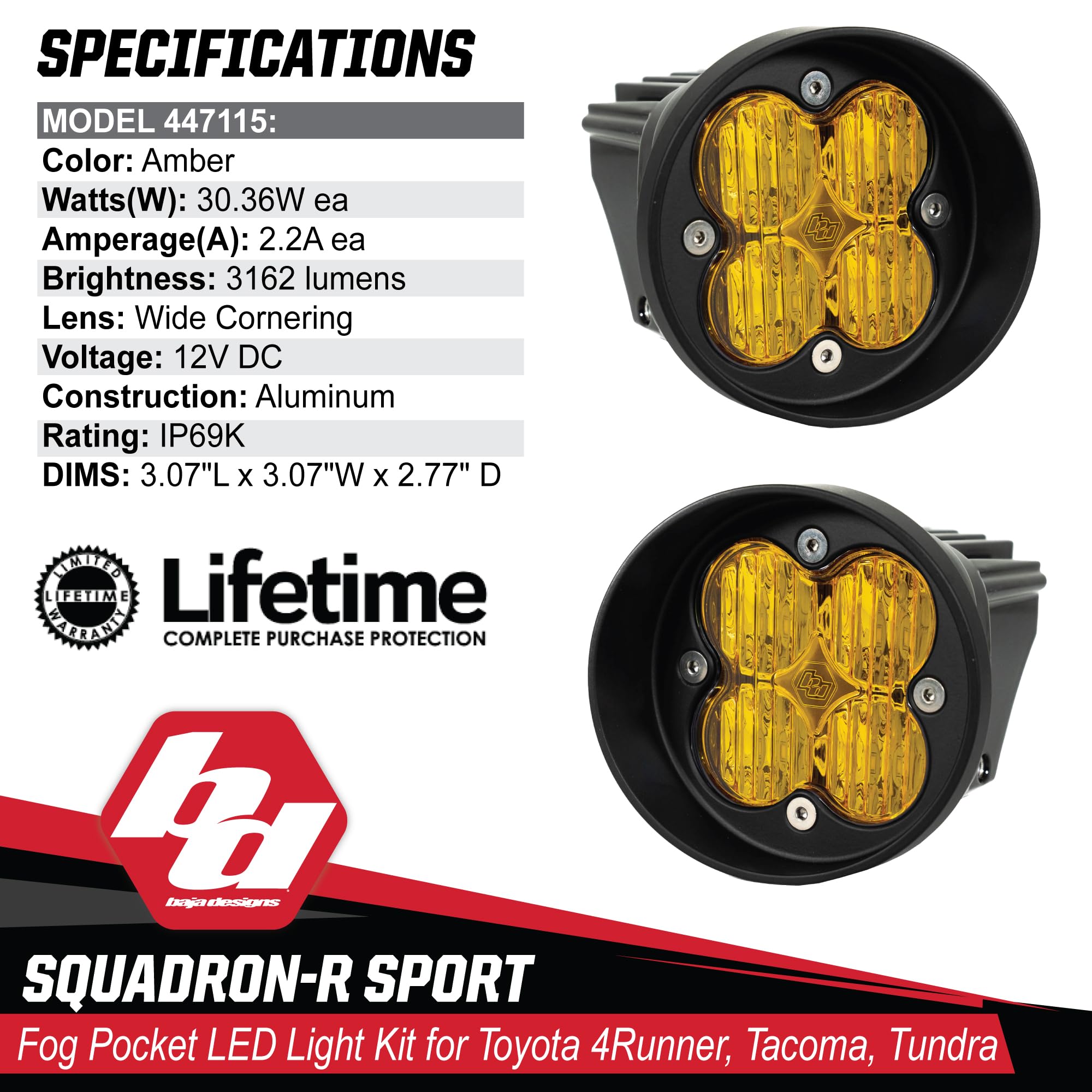 Baja Designs Sport Squadron-R LED Fog Light Kit for Toyota Tacoma 2012-24, Tundra 2014-24, 4Runner 2010-24, Set of 2 LED Lights (Wide Cornering Lens, Amber)