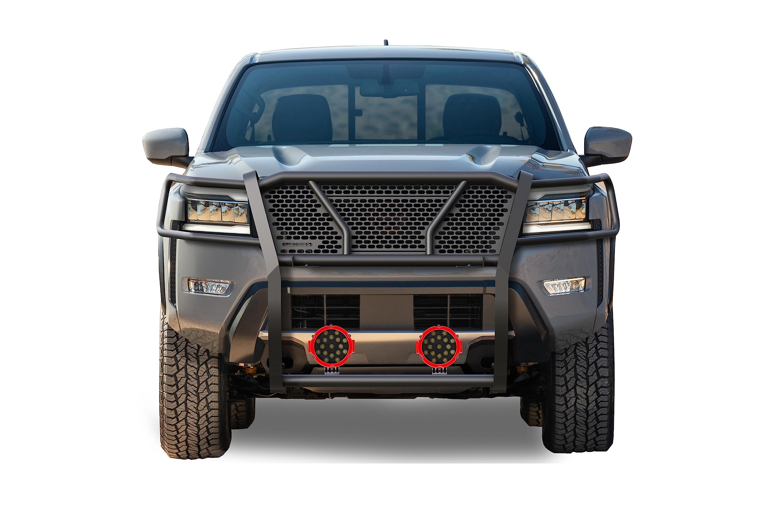 Heavy Duty Black Horse Rugged Grille Brush Bumper Guard Modular Black Come with Pair of 7.0" Dia.LED Lights with Red Trim Rings Compatible with 2022-2024 Nissan Frontier-RU-NIFR22-B-PLR
