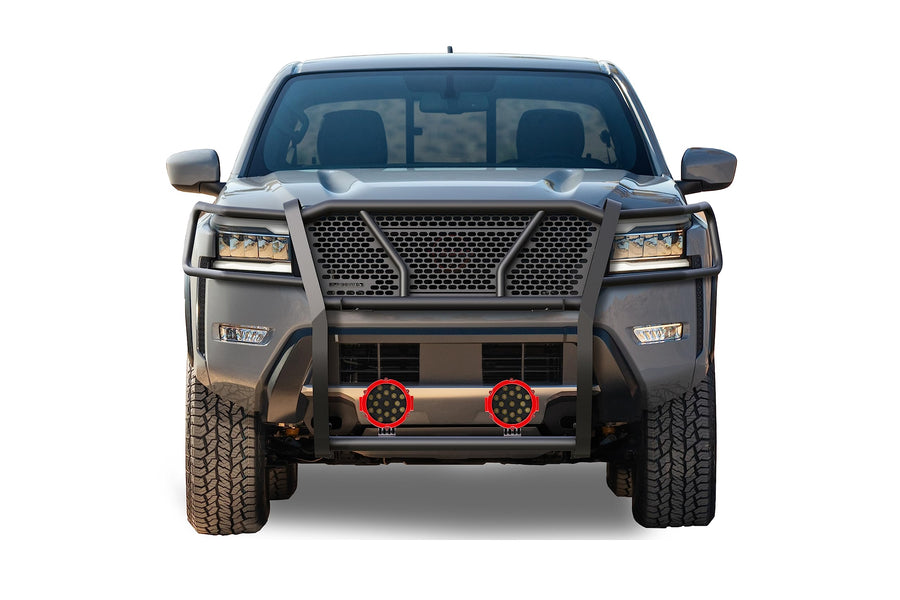 Heavy Duty Black Horse Rugged Grille Brush Bumper Guard Modular Black Come with Pair of 7.0" Dia.LED Lights with Red Trim Rings Compatible with 2022-2024 Nissan Frontier-RU-NIFR22-B-PLR