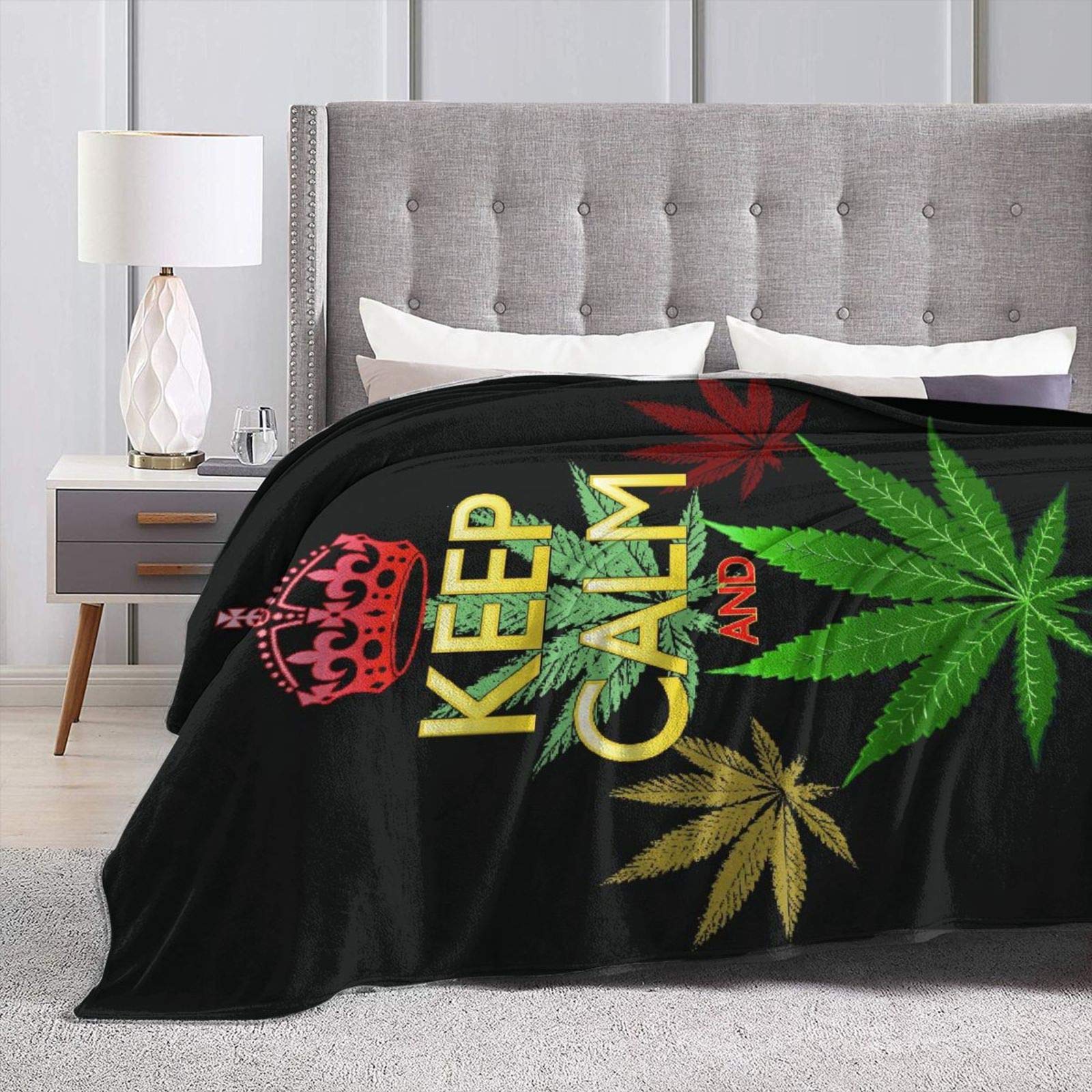 Janrely Custom Personalized Throw Blanket, Keep Calm and Marijuana Leaf On Black, Soft Comfortable Plush Blanket for Sofa Bedroom Travel Fluffy Blanket 40"X50"