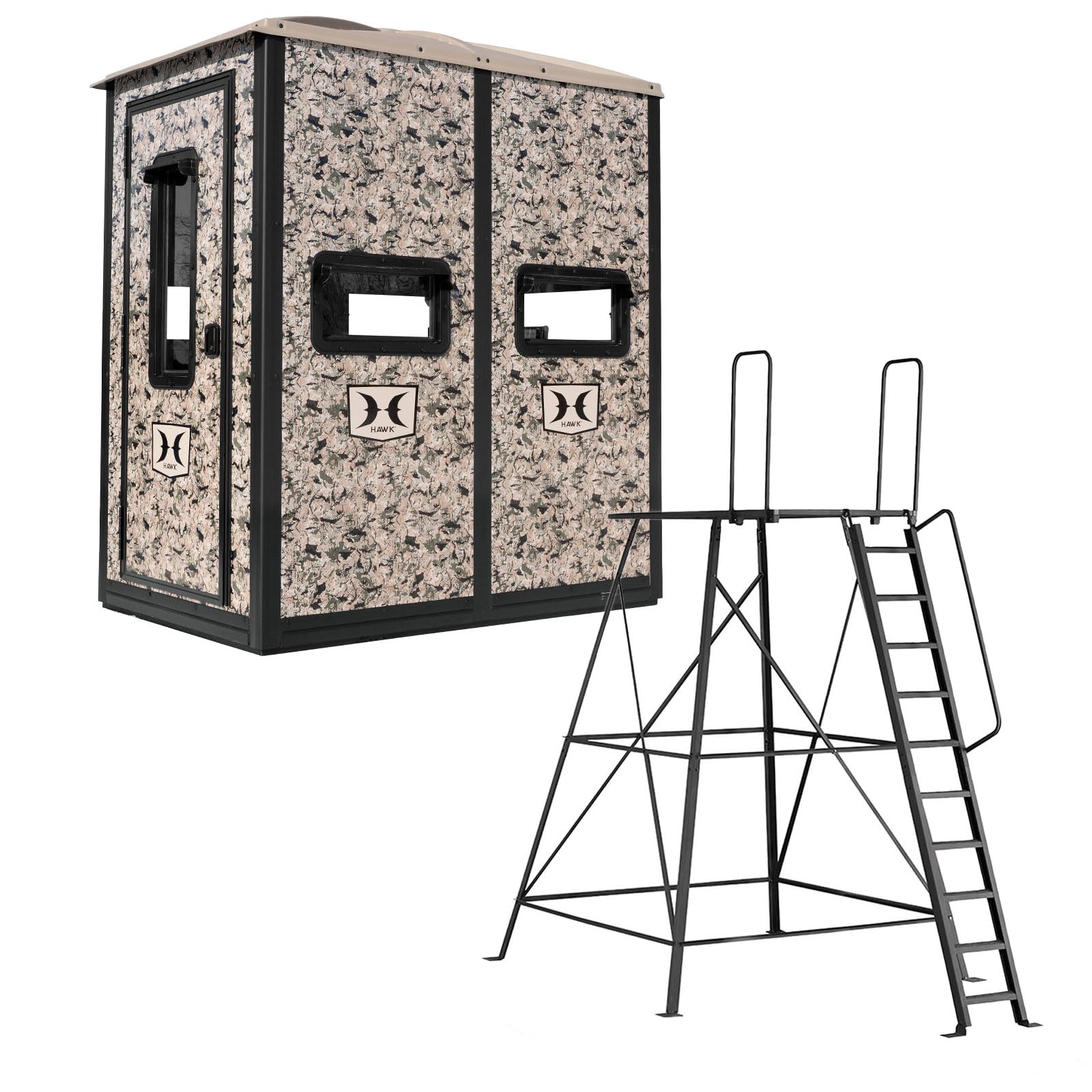 Double Hawk Hunting 4' W x 6' D x 6.5' T Assembled Camo Concealing Insulated Steel Box Blind | Floor with Rubber Pad and Multiple One-Hand-Operable Windows | Blind w/ 10ft Elite Tower