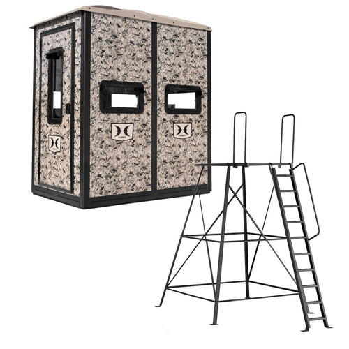 Double Hawk Hunting 4' W x 6' D x 6.5' T Assembled Camo Concealing Insulated Steel Box Blind | Floor with Rubber Pad and Multiple One-Hand-Operable Windows | Blind w/ 10ft Elite Tower