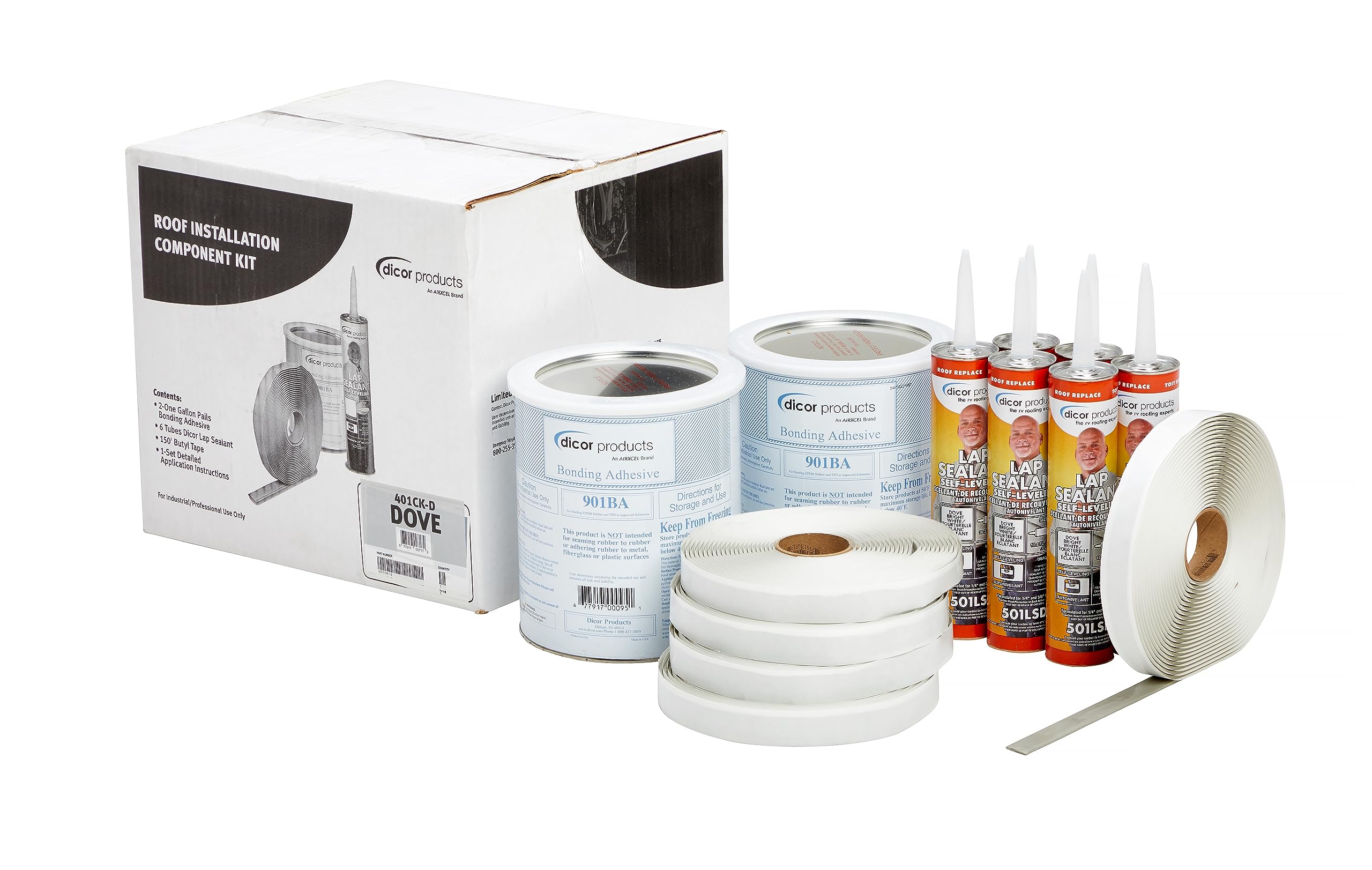 Dicor RV Rubber Roof Kit 401-CK-D - Bonding Adhesive, Trailer, Motorhome Repair Butyl Tape, Lap Sealant Included, Dove (Bright White)