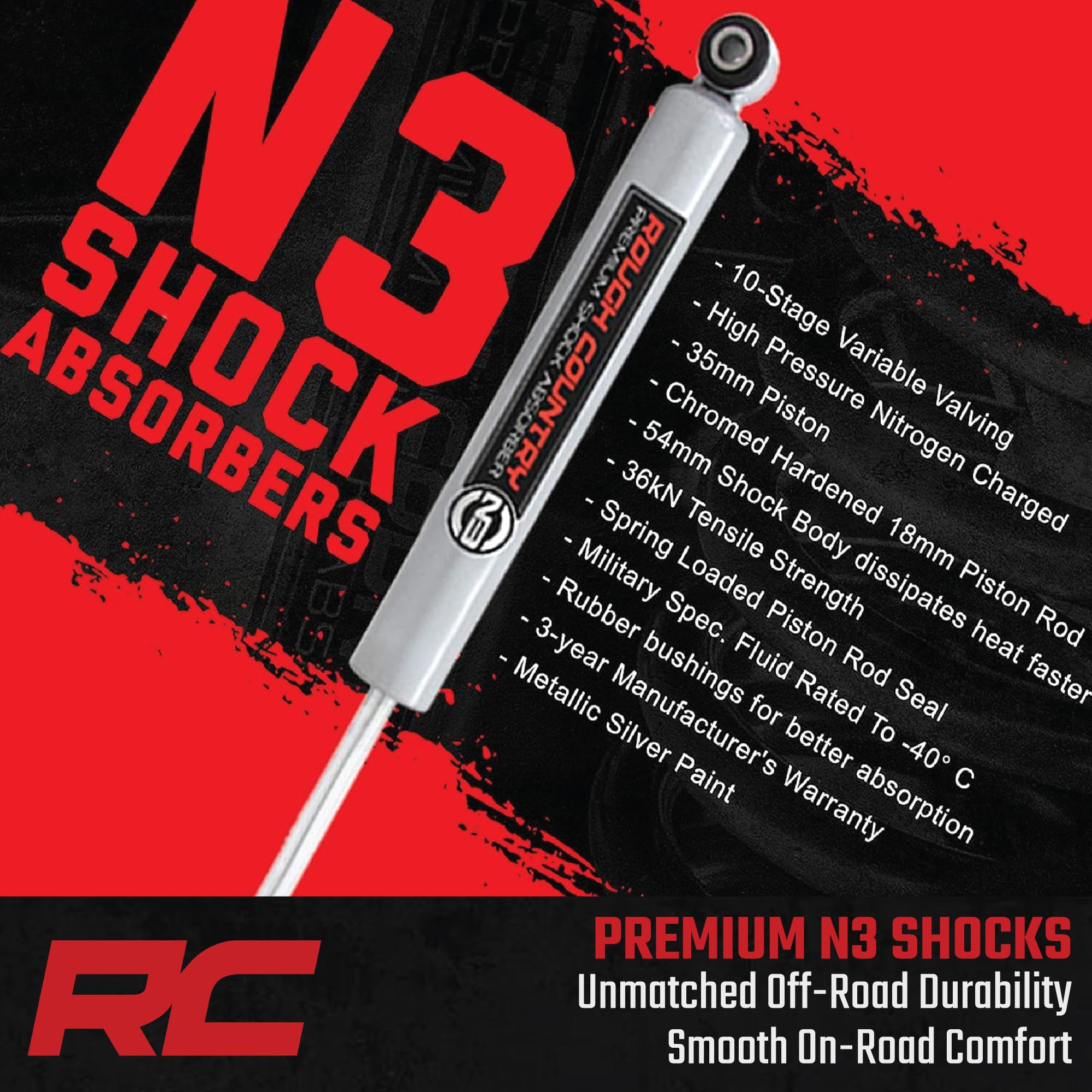 Rough Country N3 Shocks Rear for Jeep Cherokee KL (2014–2022) - Fits 0–2" Lift, Nitrogen-Charged Shock Absorbers for Smoother Ride & Handling