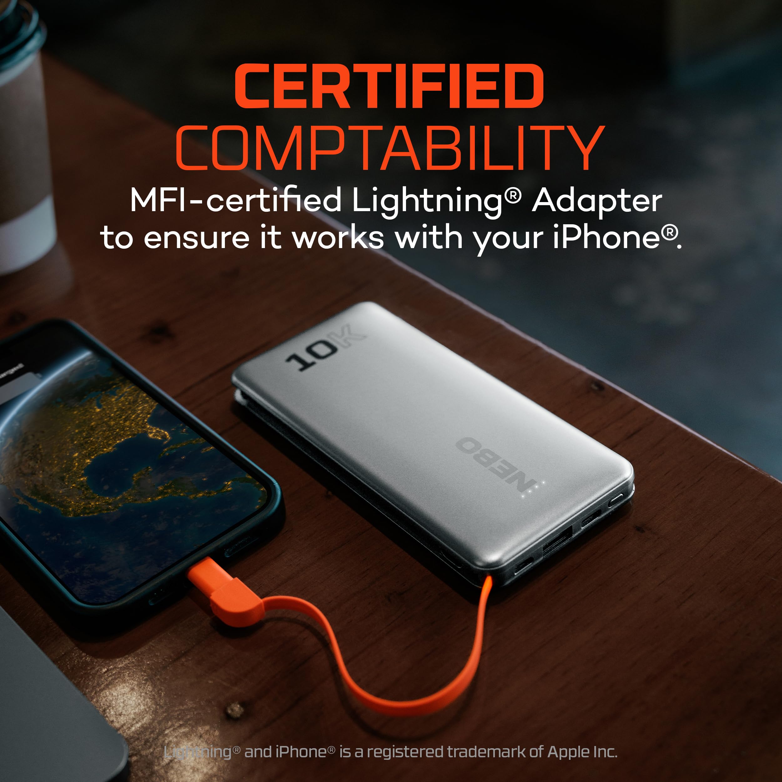 10K NEBO Power Bank with Integrated Cables | 10000mah Power, 37Wh Capacity, Certified Lightning Adapter, 4-Way Output Charging, Compatible with iPhone & Android