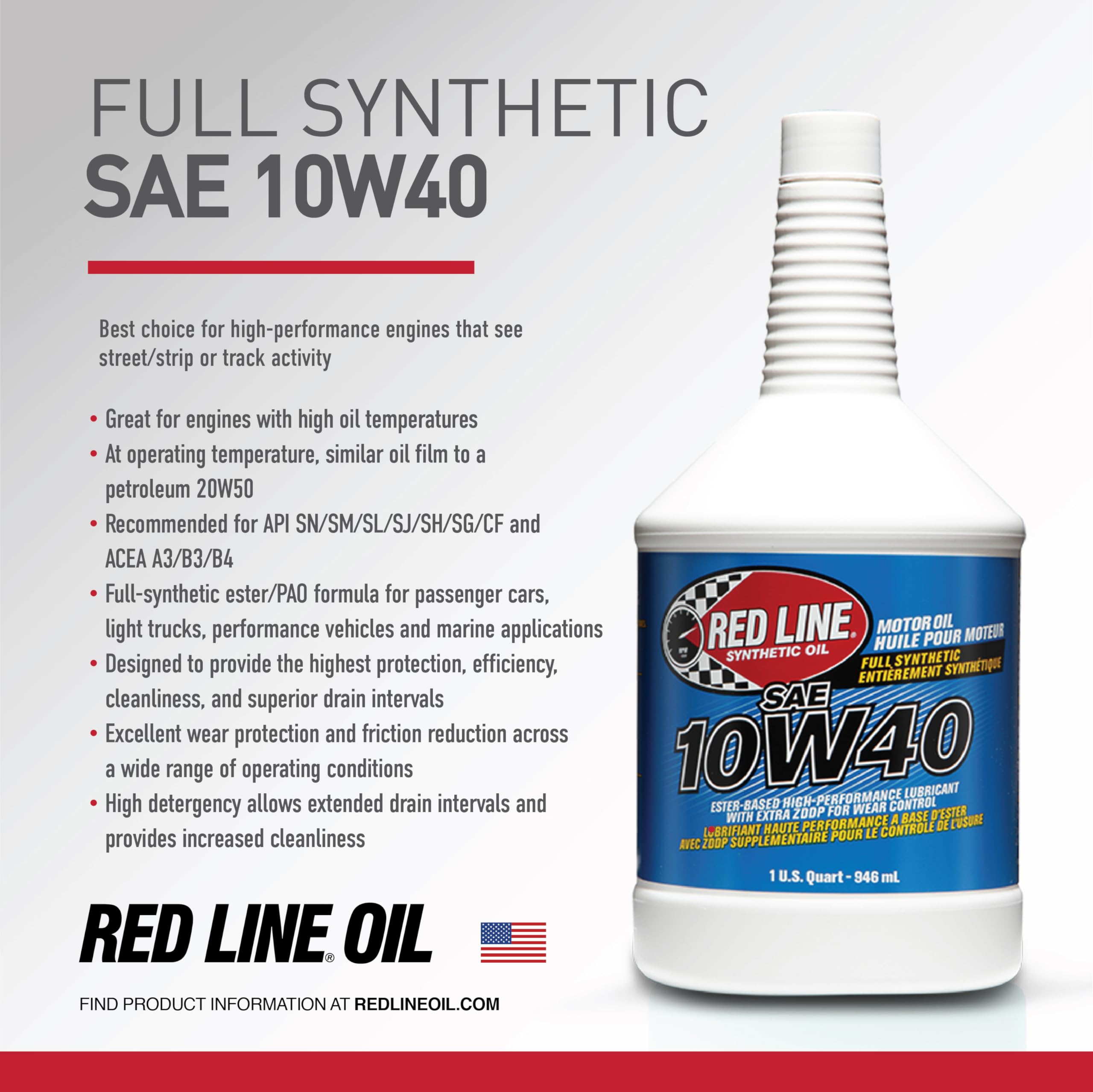 10W40 Red Line SAE Fully Synthetic Motor Oil - 1 Quart