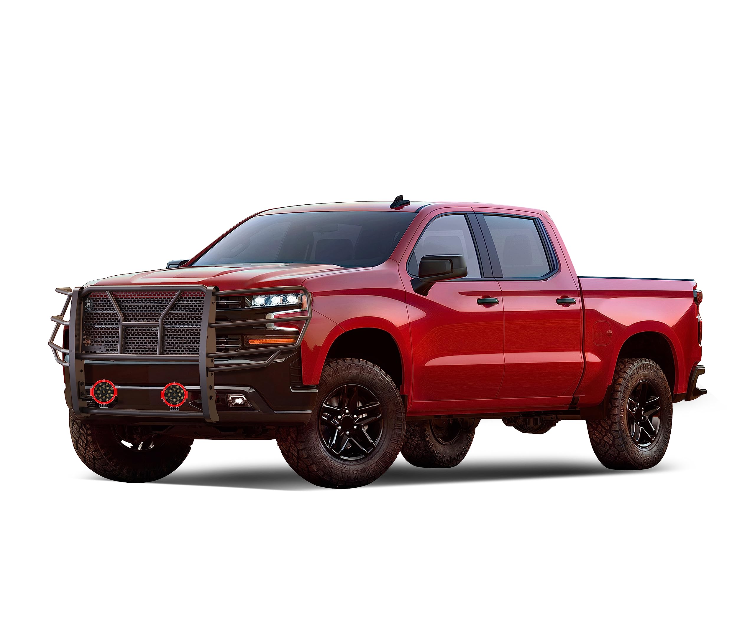Heavy Duty Black Horse Rugged Grille Brush Bumper Guard Modular Black Come with Pair of 7.0" Dia.LED Lights with Red Trim Rings Compatible with 2019-2024 Chevrolet Silverado 1500-RU-CHSI19-B-PLR