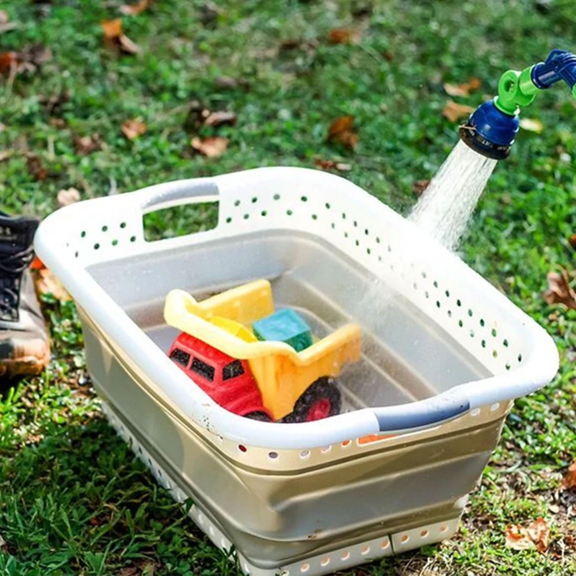 Camco Utility Collapsible Laundry Basket - Waterproof Design Easily Fits Into Compact Spaces | Great for Traveling, RVs, Trailers Camping, Dorms, Small Spaces and More - (51903), White/Gray, Large