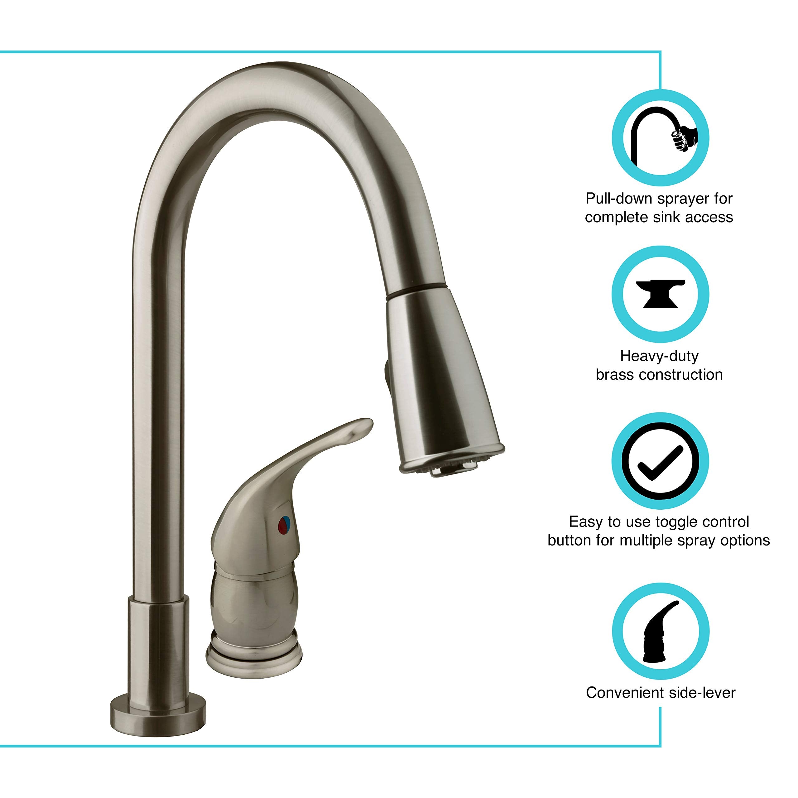 Dura Faucet RV DF-NMK503-SN Pull-Down Kitchen Sink Faucet with Side Lever (Brushed Satin Nickel)