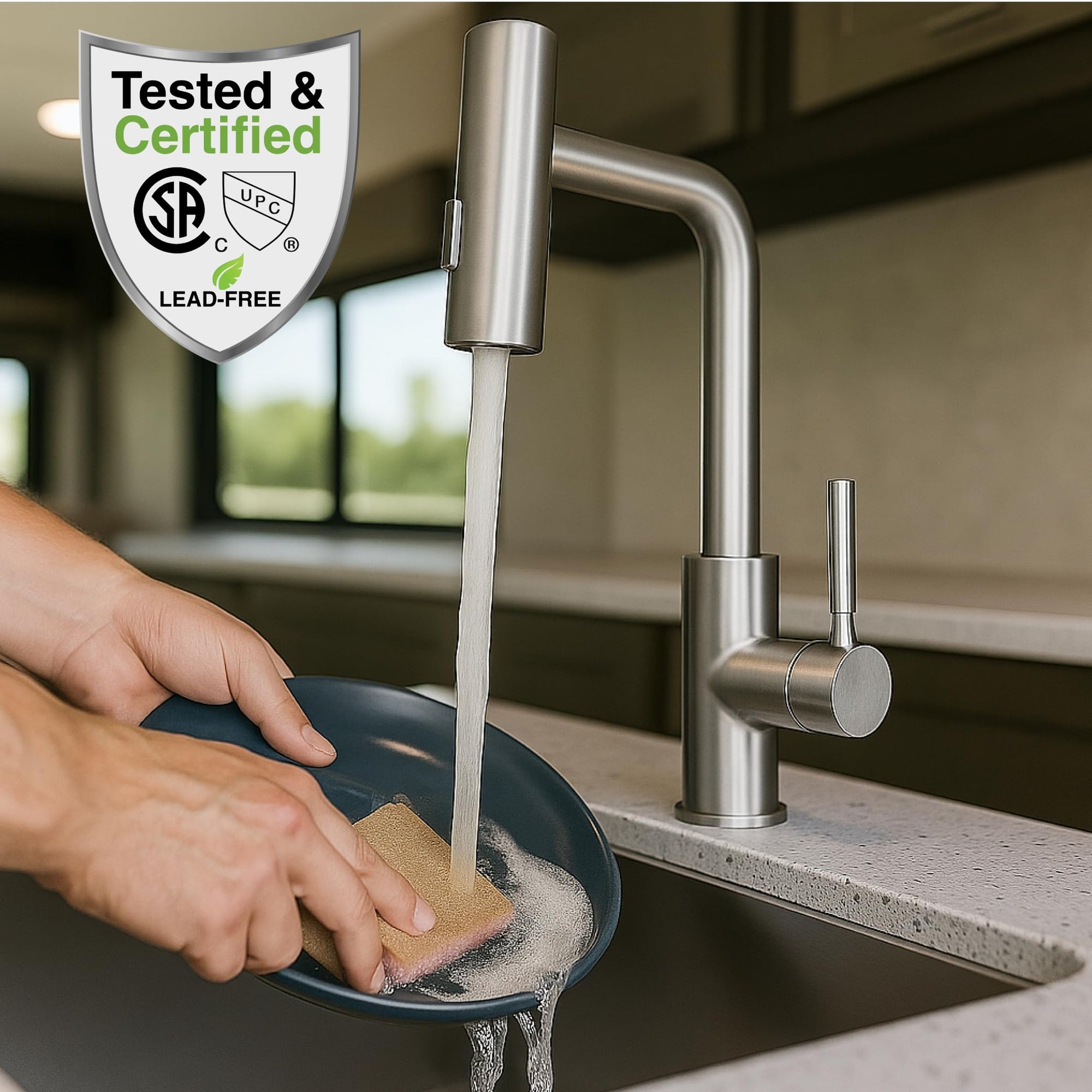 Dura Faucet Rainfall (DF-MK511X-SN) RV Kitchen Faucet – Satin Nickel, Dual-Mode Rotating Spray Head (Wide Waterfall & Stream), Single Lever Handle, Lead-Free, Easy Install Compact Sink Faucet
