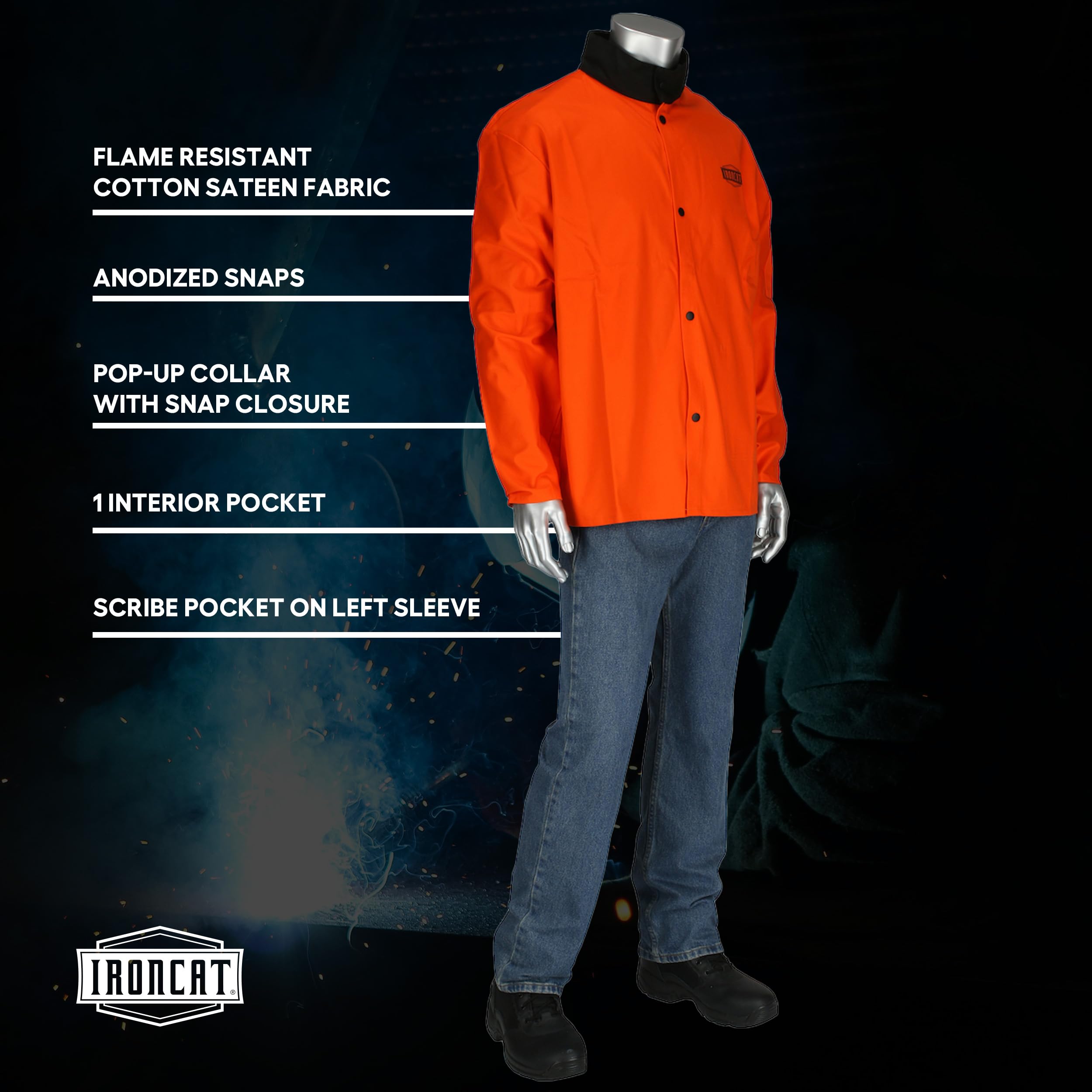 FR Treated Ironcat Cotton Sateen Jacket, 9 oz., Anodized Snaps, Interior Pocket, Pop-up Welders Collar, Scribe Pocket, Orange, 4X-Large (7050O/4XL)