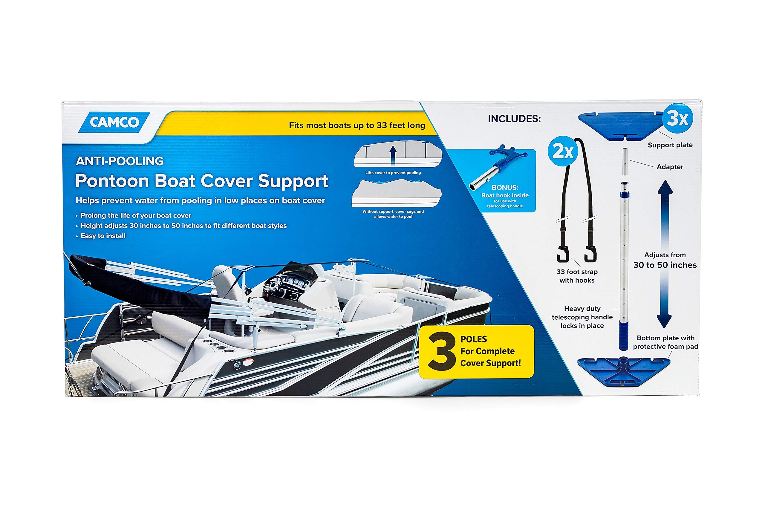 Camco Pontoon Boat Cover Support Telescoping - Elevates Your Boat Cover to Prevent Pooling Rain Water| Adjusts from 30-50 "| Fits Most Boats Up to 33' Long - (41971)