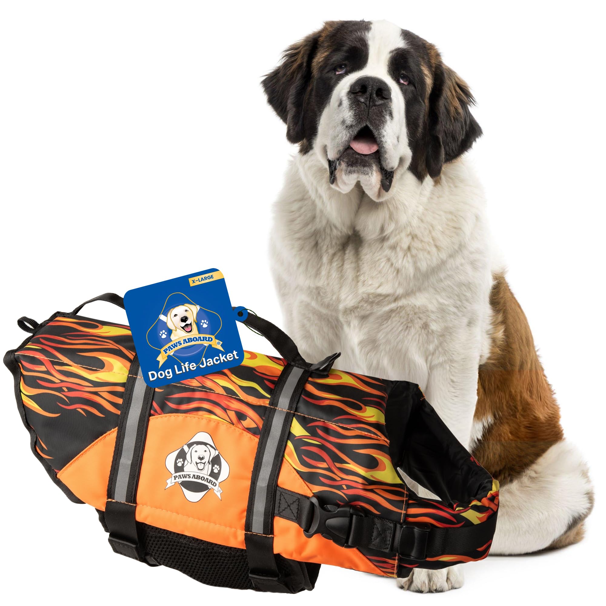 Dog Life Jacket Paws Aboard - Swimming Vest for Dogs, Adjustable, Reflective, Comfortable, Multiple Colors, Patterns, XX-Small to Extra Large Dog Swim Vest with Handle (Racing Flames, X-Large)