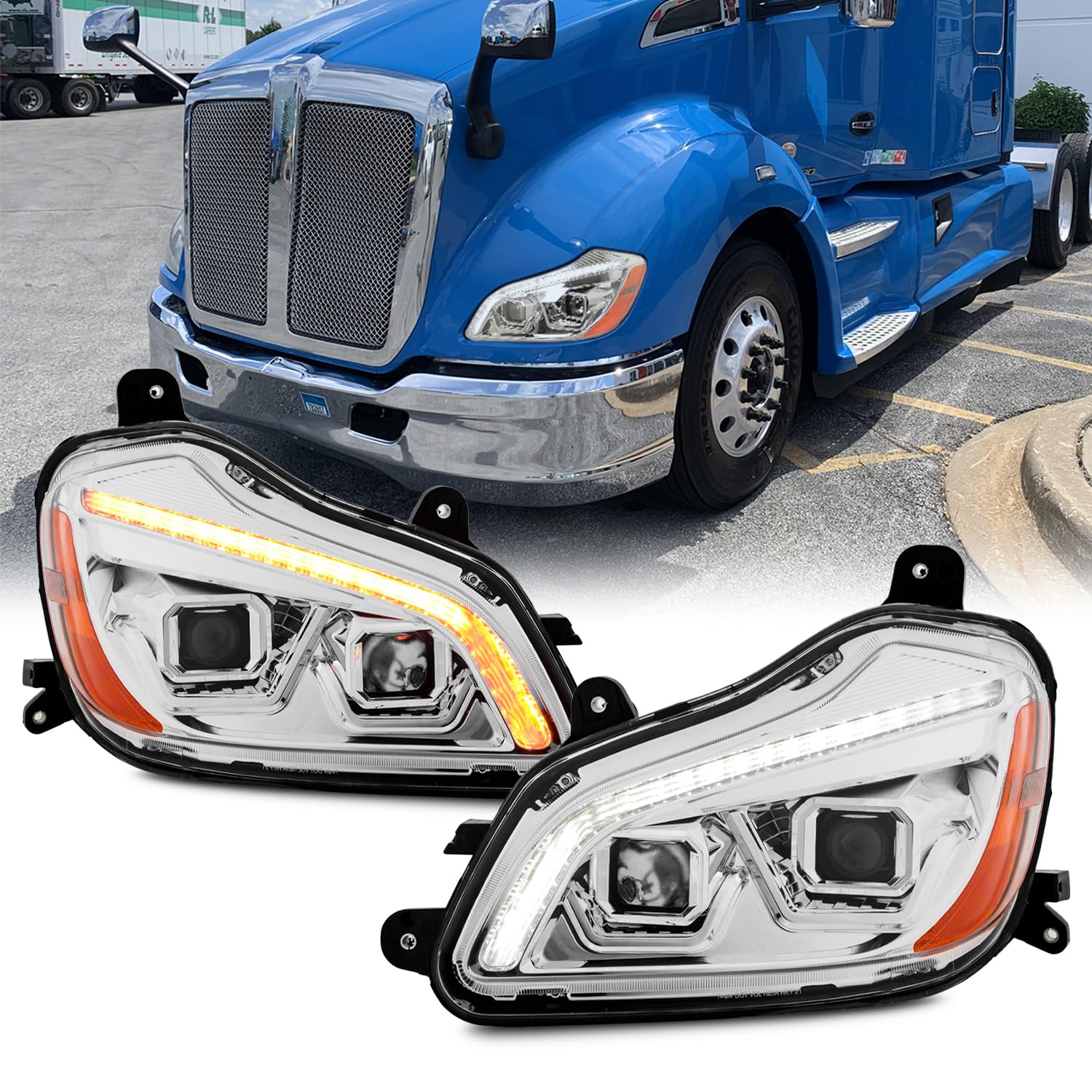 Fit AKKON 2013-2019 Kenworth T680 Class 8 Truck LED Sequential Switchback Chrome Dual Projector Headlights Driver+Passenger