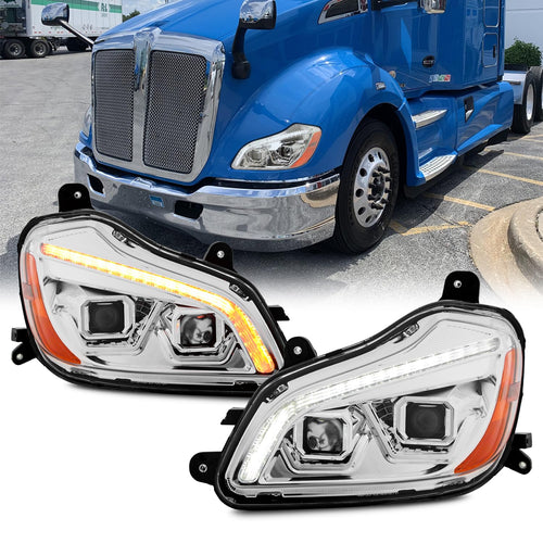 Fit AKKON 2013-2019 Kenworth T680 Class 8 Truck LED Sequential Switchback Chrome Dual Projector Headlights Driver+Passenger