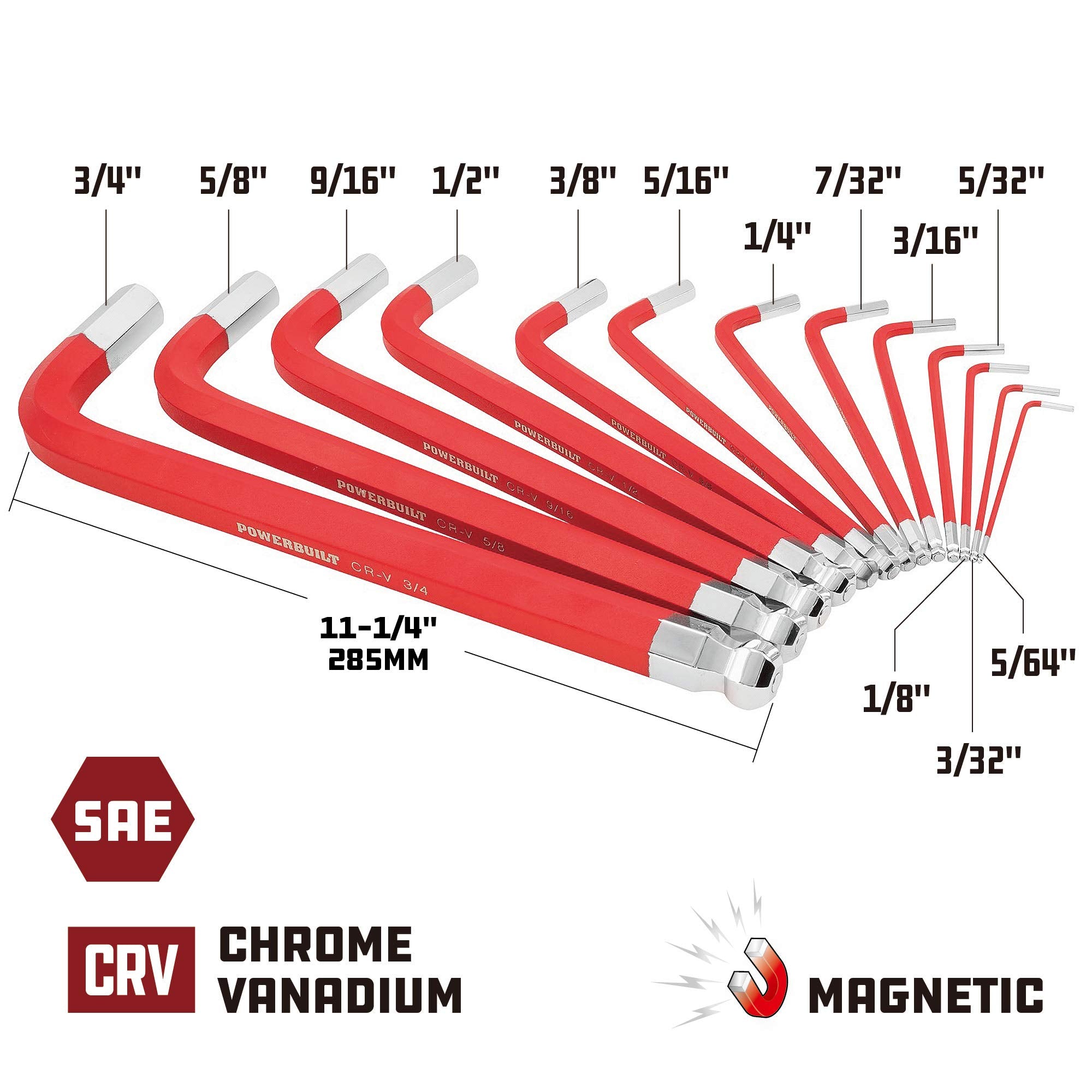 Powerbuilt 13 Piece Long Point SAE Jumbo Magnetic Hex Key Wrench, Allen Hex Key Wrench, 5/64"- 3/4" - 941641