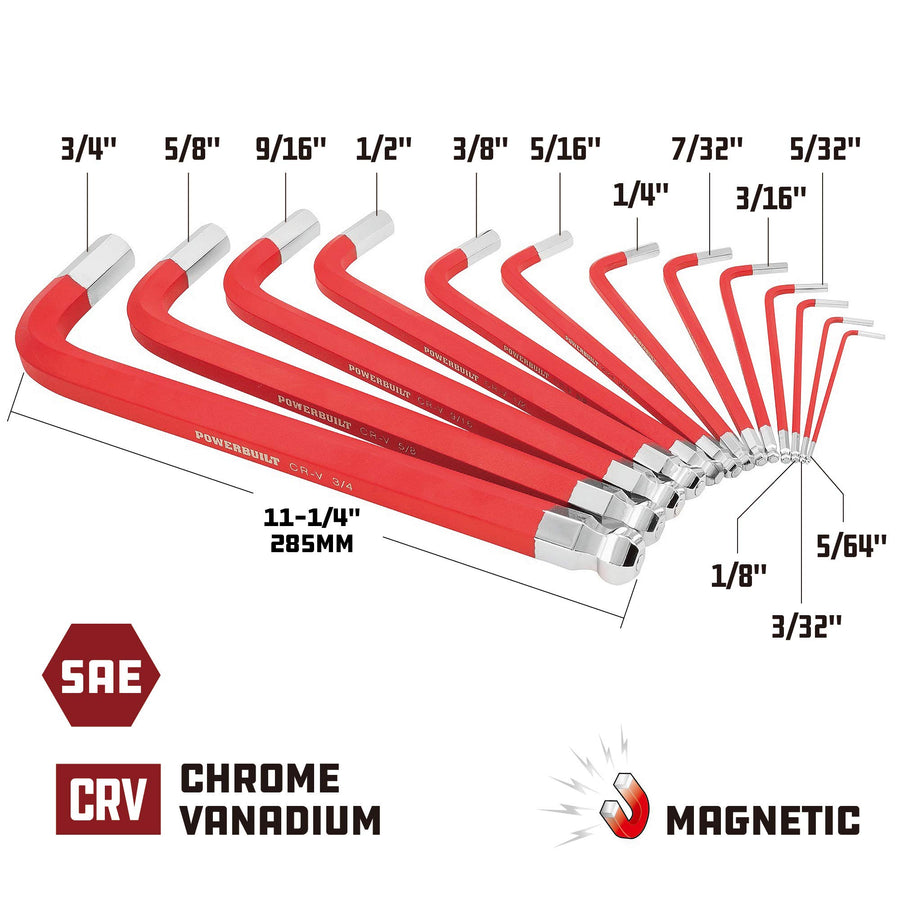Powerbuilt 13 Piece Long Point SAE Jumbo Magnetic Hex Key Wrench, Allen Hex Key Wrench, 5/64"- 3/4" - 941641