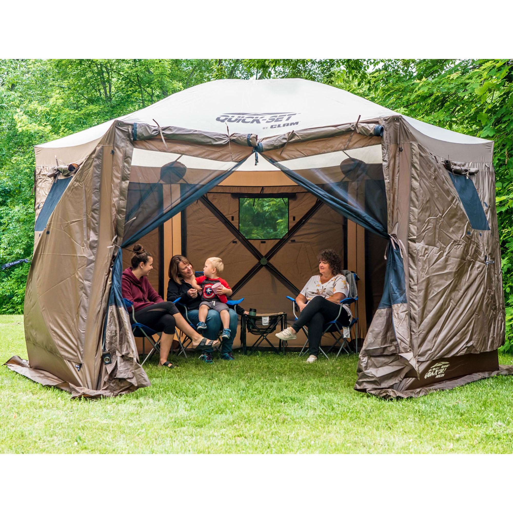 CLAM Large Pop Up Screen Tent, Outdoor Camping Gazebo Canopy, 12.5', Brown - Foldable and Portable Screened Shelter with Netting for Beach, Patio, and Backyard