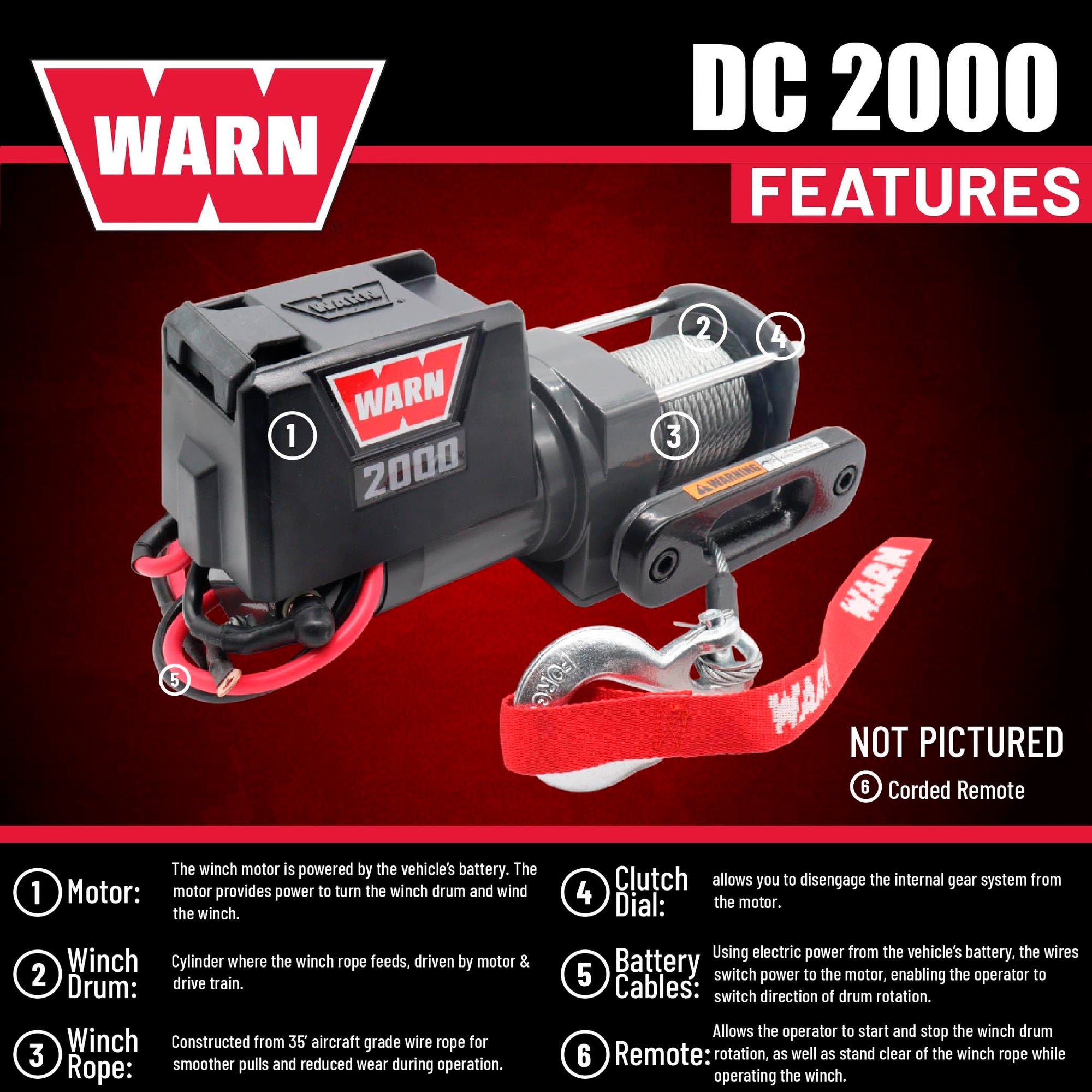 2000 WARN DC 12V Electric Winch, 2000 lb Pulling Capacity | Steel Cable, Hook & Corded Remote | Portable, Compact Power for Trailers, ATVs, Workshops, and General Utility Lifting & Pulling