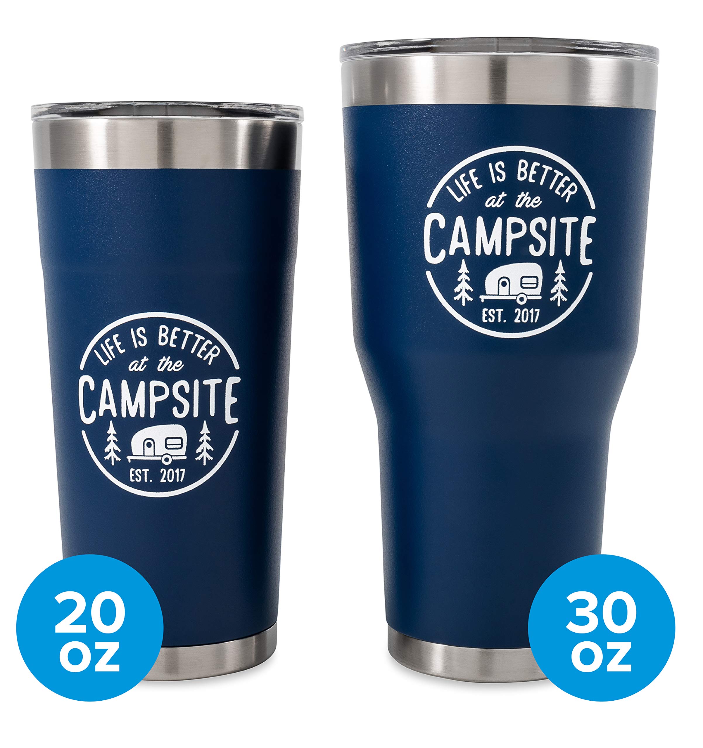 Stainless Steel Tumbler Camco Life is Better at The Campsite - Features Double Wall Vacuum Insulation for Heat/Ice Retention & Unique Life is Better At the Campsite Design - Holds 20 oz. (53323)