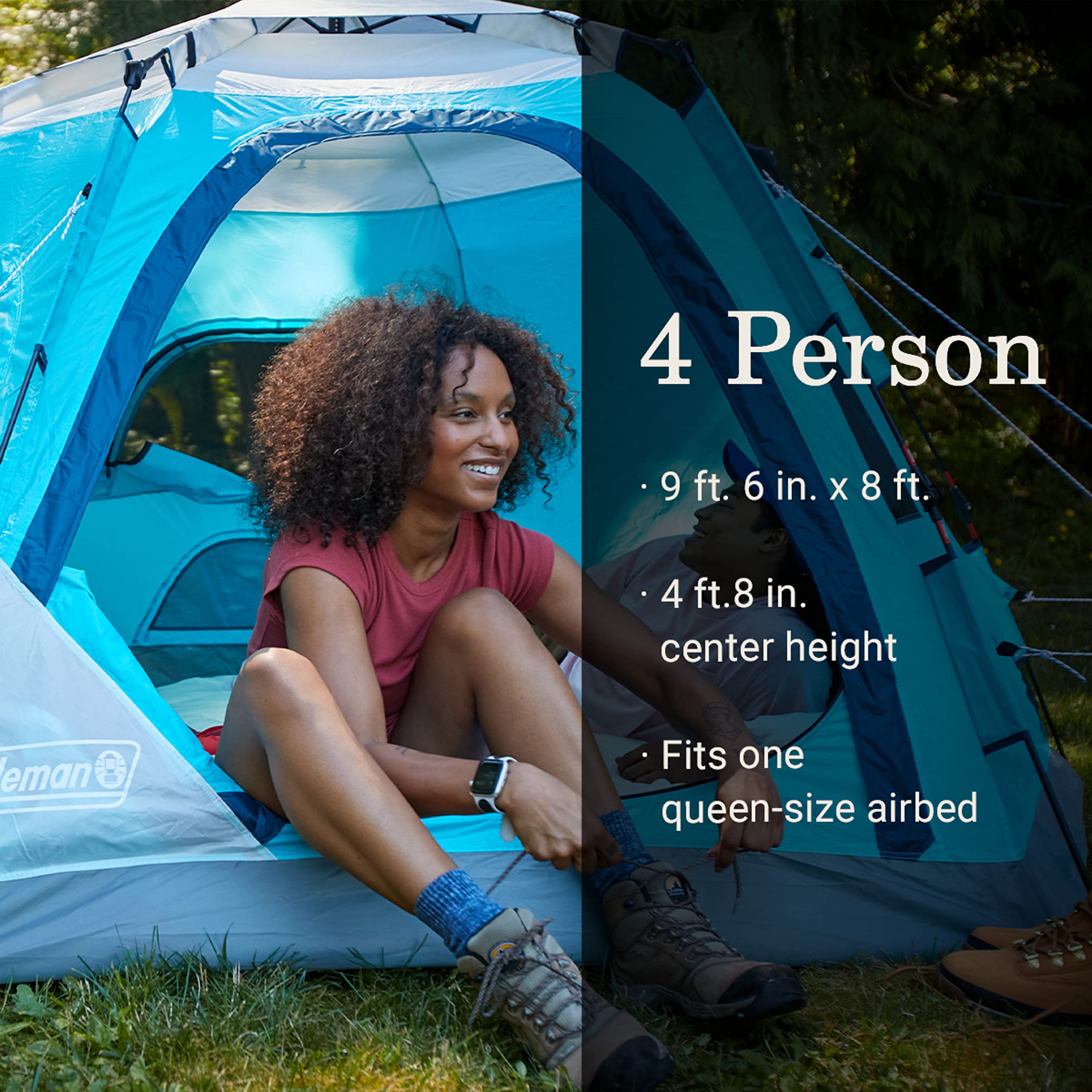 4-Person Coleman Camping Tent, Camp Burst Pop-Up, Quick 45s Setup, with Dark Room Option, Waterproof, 360° Views, Resist Winds up to 35 mph