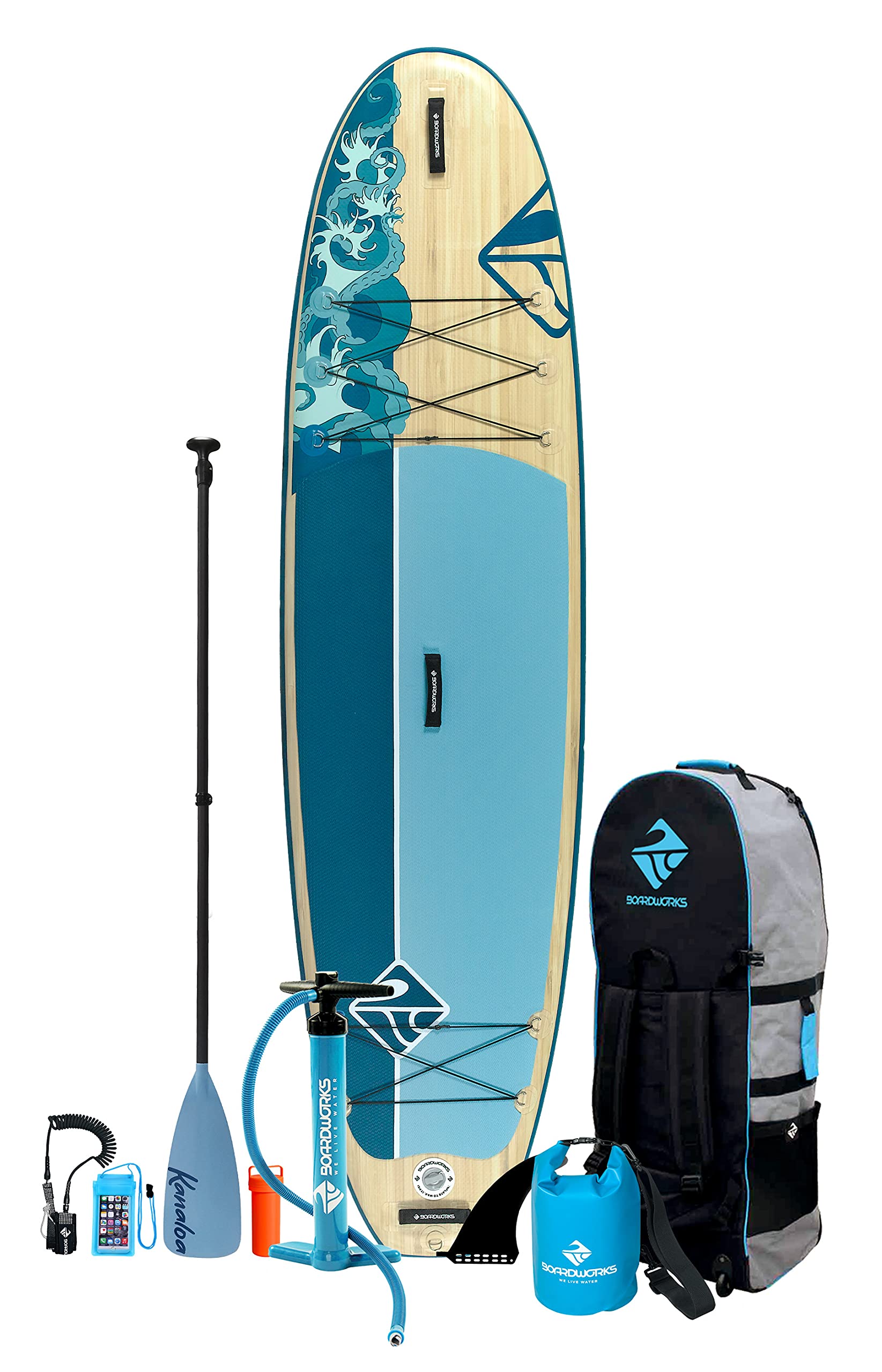 Boardworks SHUBU Kanaloa Inflatable Stand-Up Paddle Board (iSUP) - SUP Package Includes Three Piece Paddle, Backpack Carry Bag, Leash, Dry Bag, Phone Case and Pump (SUP) Complete Kit - 10’4