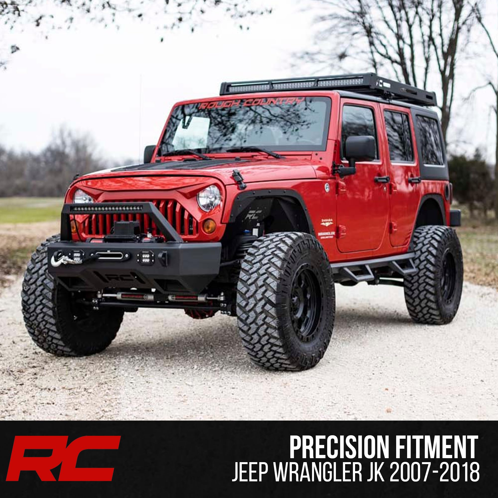 Rough Country Roof Rack for Jeep Wrangler JK (2007–2018) with LED Lights - Heavy-Duty Cargo Rack, 50" LED Light Bar & Dual 2" Flush Mount LEDs, Freedom Top Compatible