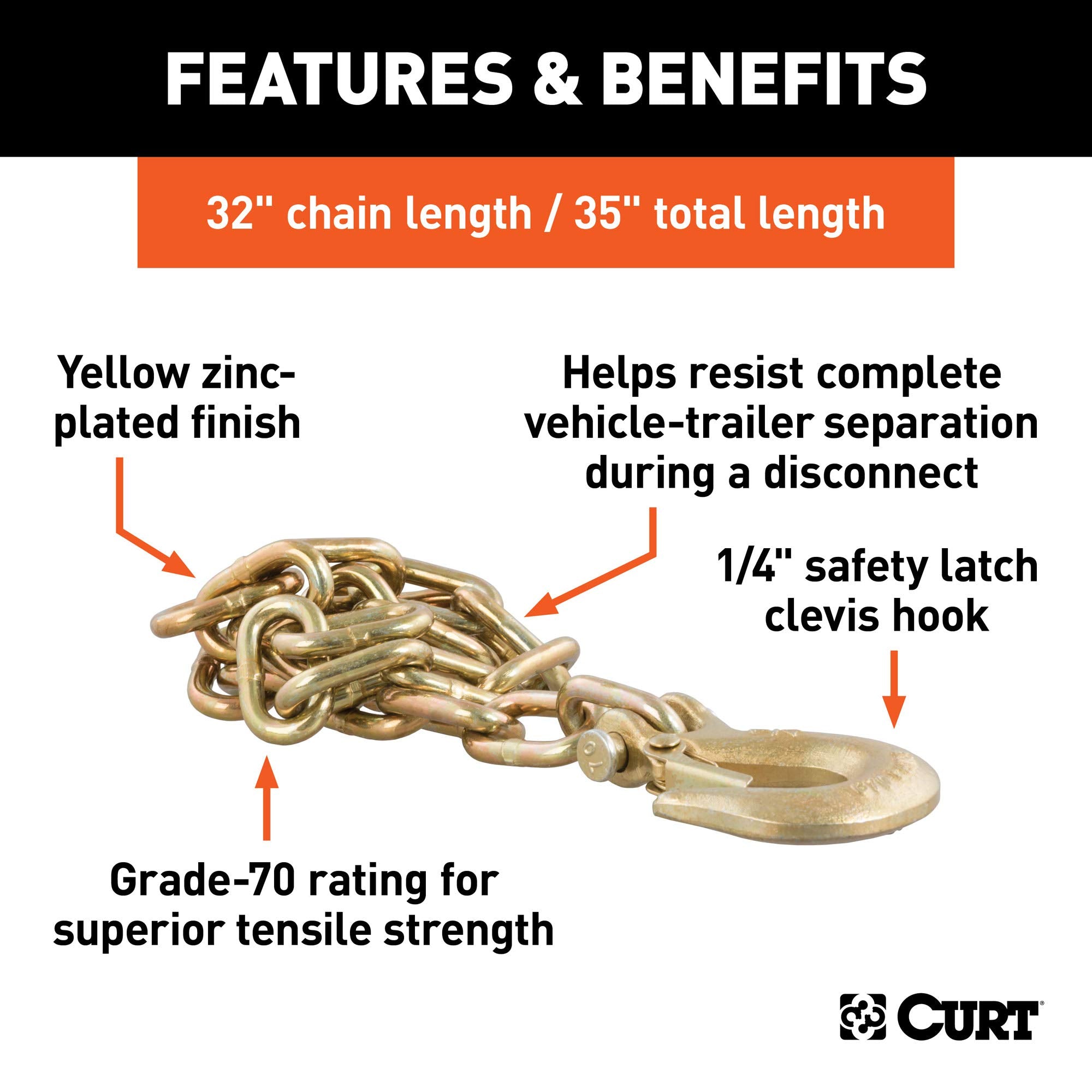 CURT 35-Inch Trailer Safety Chain with 1/4-In Clevis Snap Hook, 12,600 lbs Break Strength