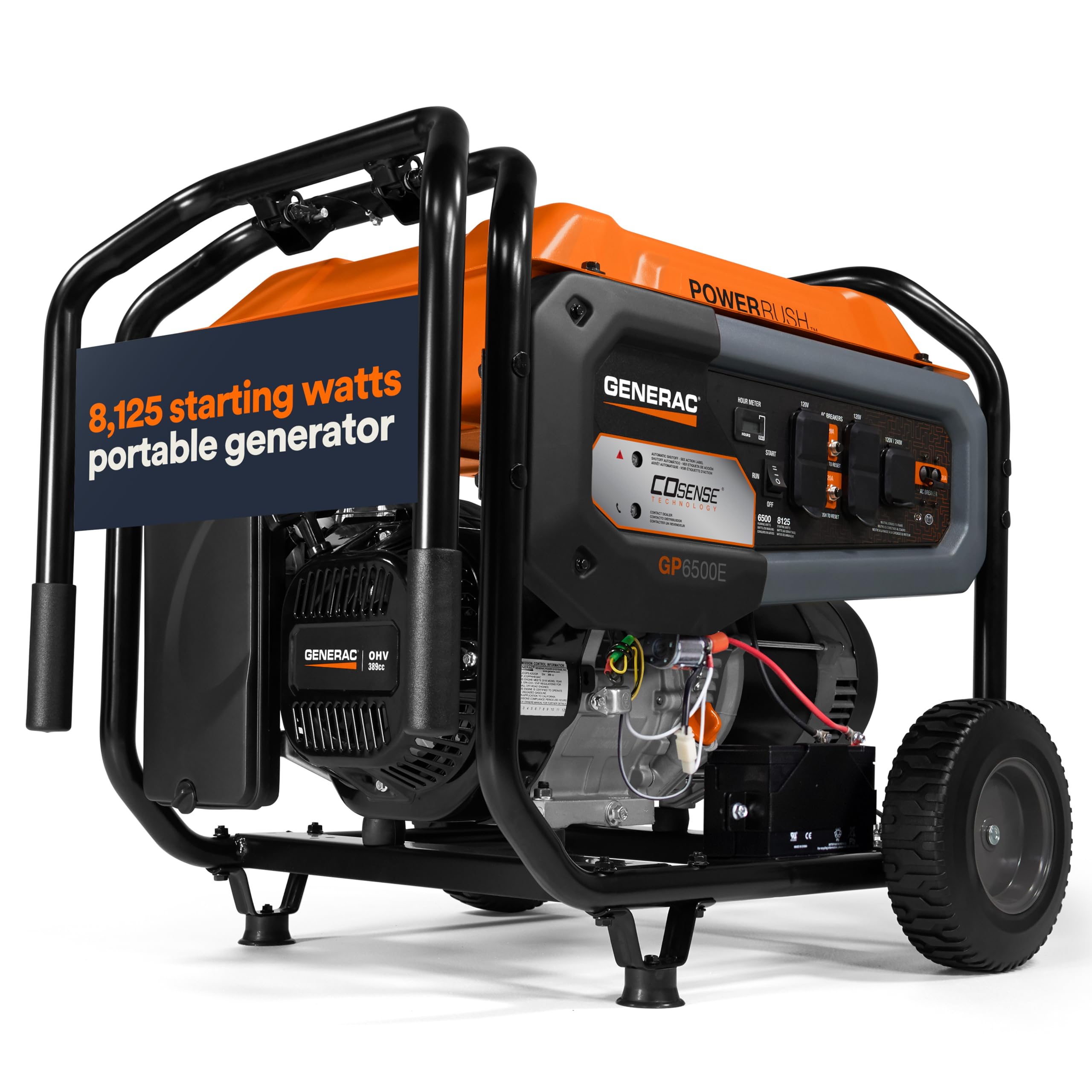 Generac 8,125 Starting Watt Portable Gas-Powered Generator - COsense Technology - PowerRush Advanced Technology - Reliable Power for Emergencies, Recreation, Home - 49 State Compliant