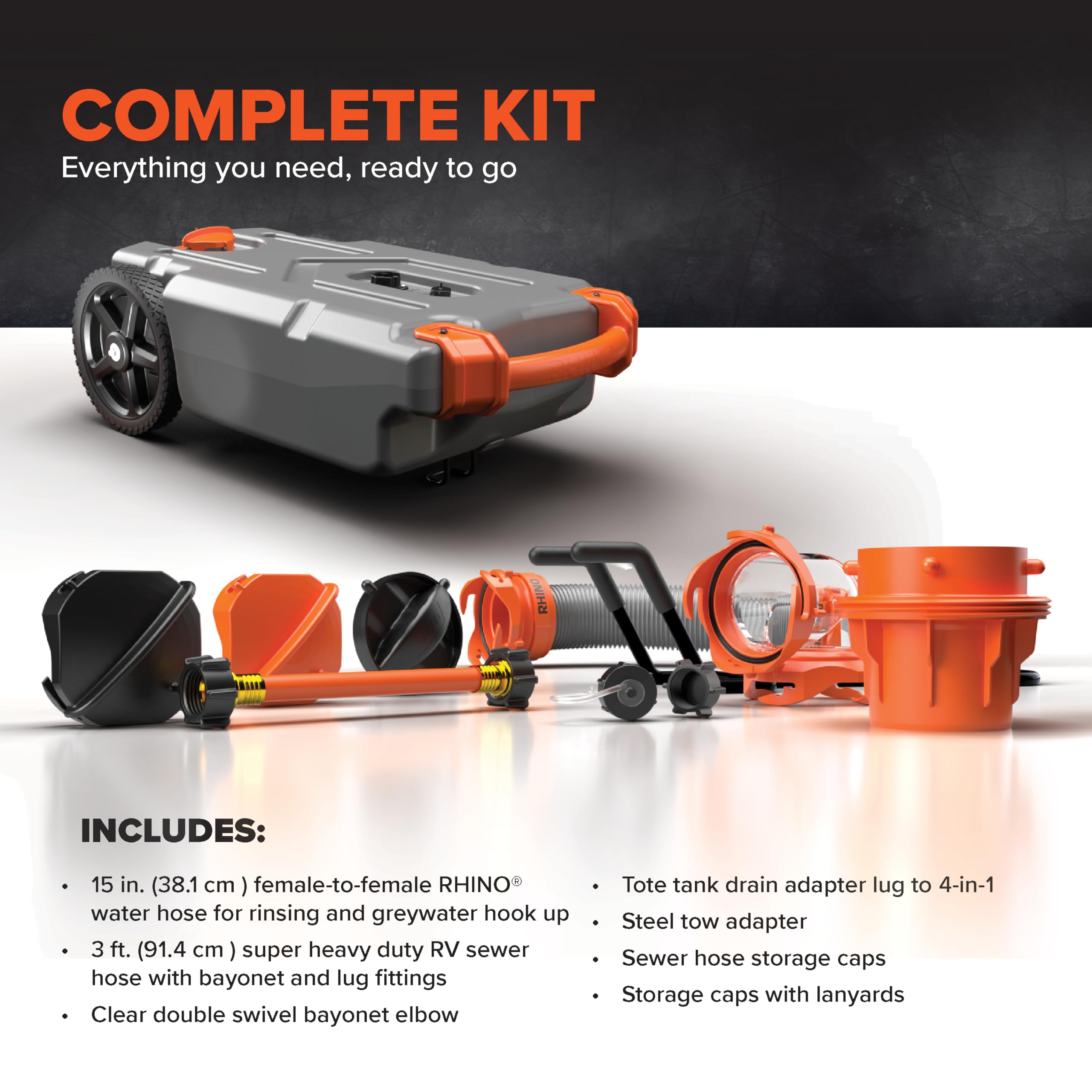 Camco 15-Gallon Rhino Portable RV Tote Tank - Features Large Heavy-Duty No-Flat Wheels & Low Drain Hole - Includes Removable Steel Tow Adapter, 3’ Sewer Hose & More RV Accessories (39000)