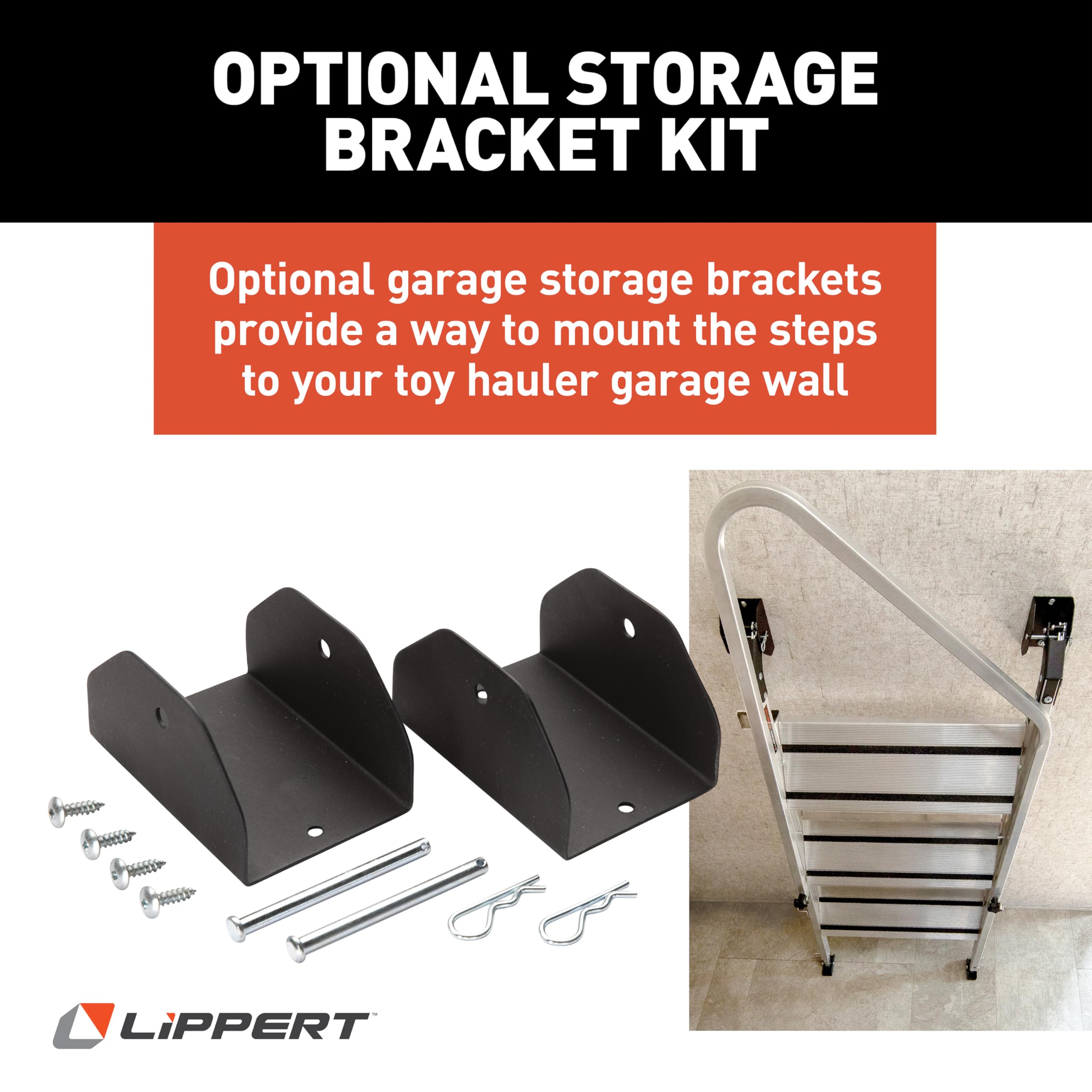 Lippert Quad Victory Step RV Steps for Toy Hauler Patio Systems with Entry Assist Handrail, 300-lb. Weight Capacity, 8" Rise, Anti-Slip Treads, Adjust Legs/Step Pitch, Easy Storage - 2023024501