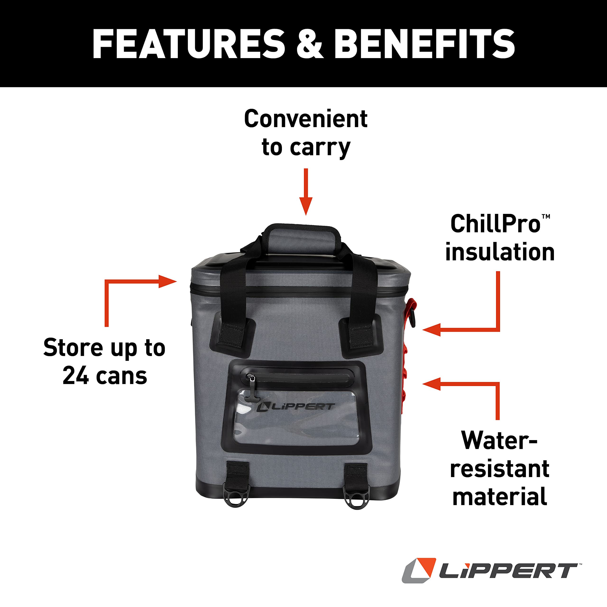 Lippert 24-Can Adventure Pro Soft Insulated Cooler Tote Bag, Up to 15 lbs. of Ice, 18 Quarts of Water, 14" x 10-1/2" x 15-1/4" Wide Mouth Opening, Padded Handle & Shoulder Strap - 2021099915