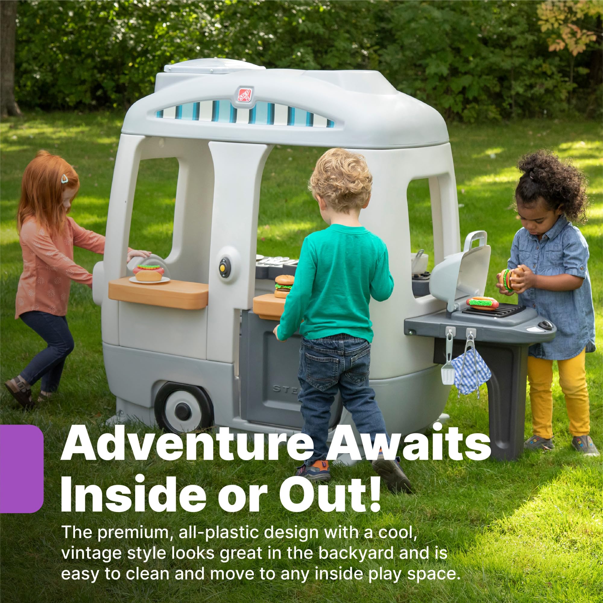 Step2 Kids Adventure Camper Playhouse, Indoor/Outdoor Playset with Kitchenette, Interactive Doorbell Sounds, 52-Piece Toy Accessories, Durable Plastic, For Toddlers 2+ Years