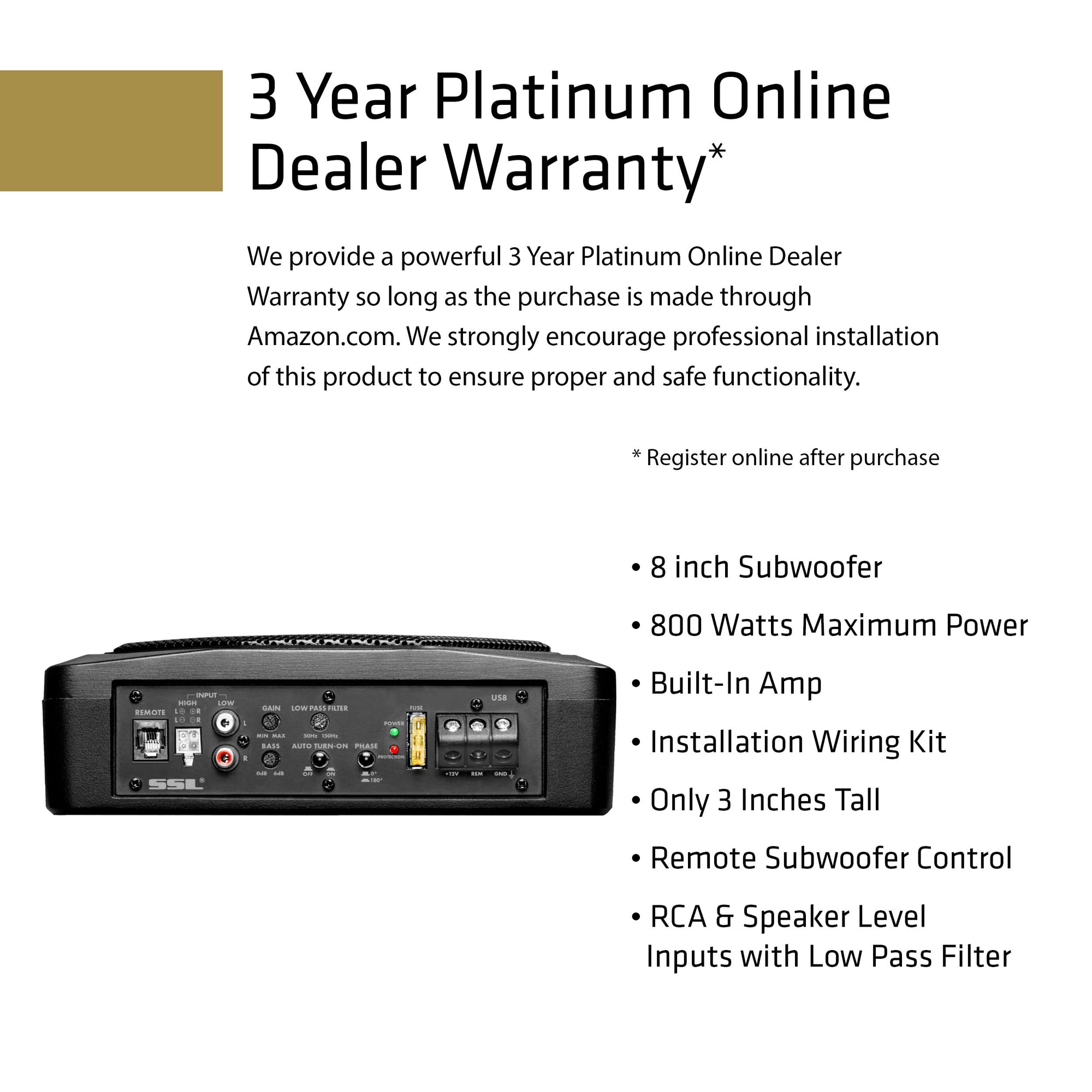 Sound Storm Laboratories 8 Inch US8K Powered Car Audio Under Seat Subwoofer - 800 Watts Max, Low Profile, Built in Amplifier, for Truck, Boxes and Enclosures, Remote Subwoofer Control