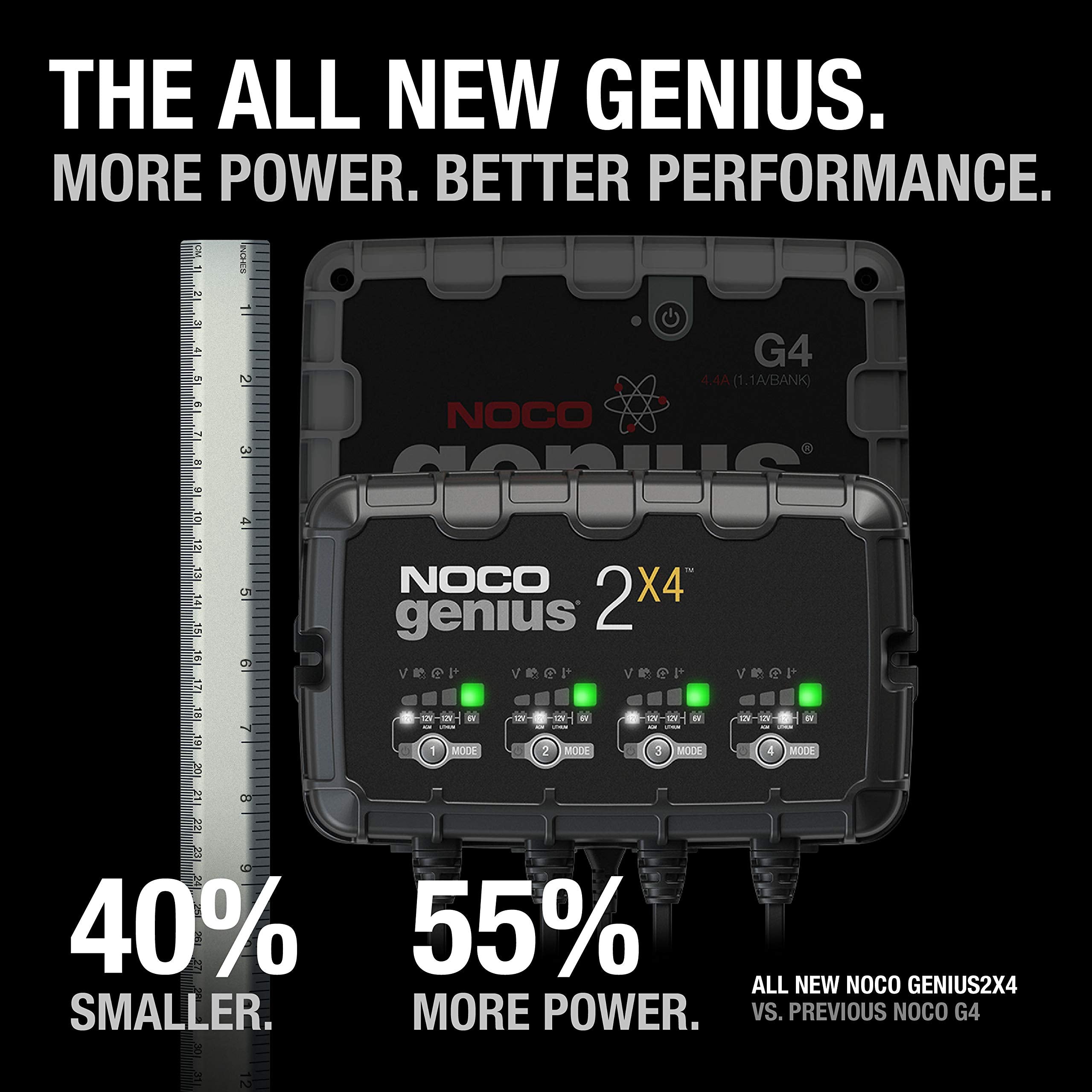 GENIUS2X4 NOCO: 8A 4-Bank Smart Battery Charger (2A/Bank) - 6V/12V Automatic Maintainer, Trickle Charger & Desulfator with Overcharge Protection & Temperature Compensation – for Lead-Acid & Lithium