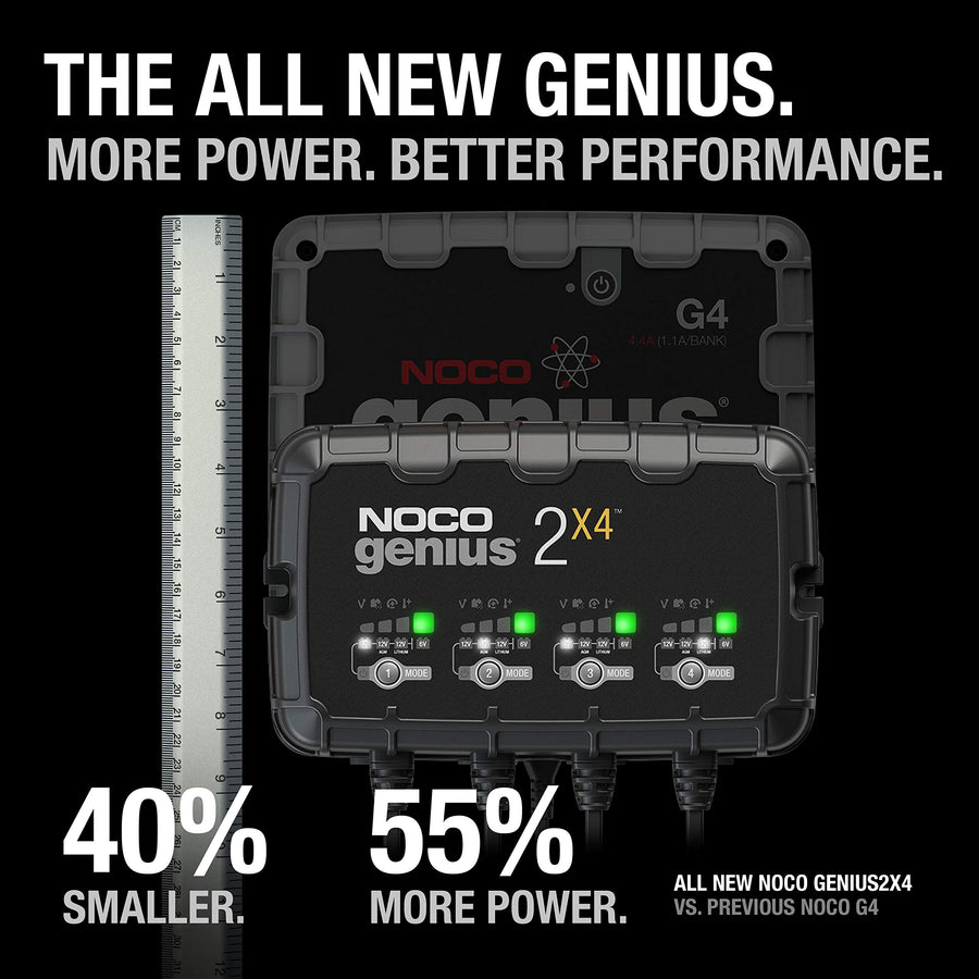 GENIUS2X4 NOCO: 8A 4-Bank Smart Battery Charger (2A/Bank) - 6V/12V Automatic Maintainer, Trickle Charger & Desulfator with Overcharge Protection & Temperature Compensation – for Lead-Acid & Lithium