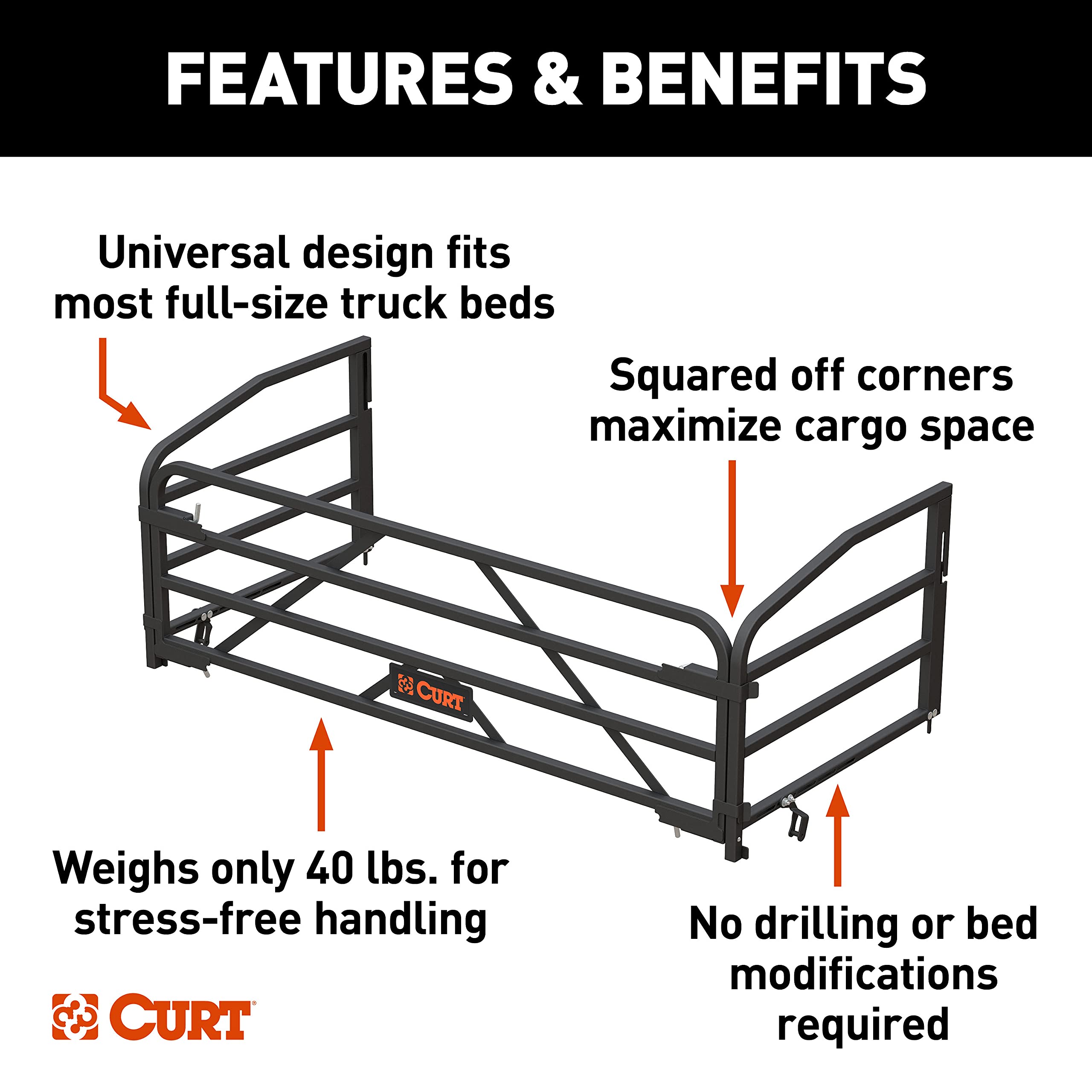 CURT Universal Truck Bed Extender 18325 with Fold-Down Tailgate, 26-1/2 x 58-3/4 x 19-3/4-Inch ID, Black Steel