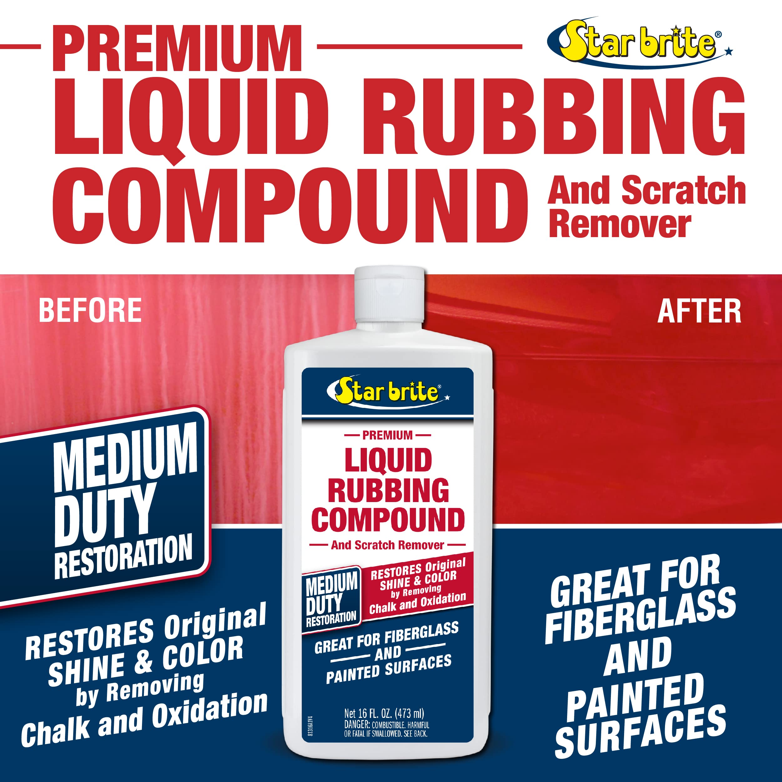 Liquid Rubbing Compound STAR BRITE for Medium Oxidation - Ideal for Fiberglass, Metal & Painted Surfaces - 16 OZ (081316)