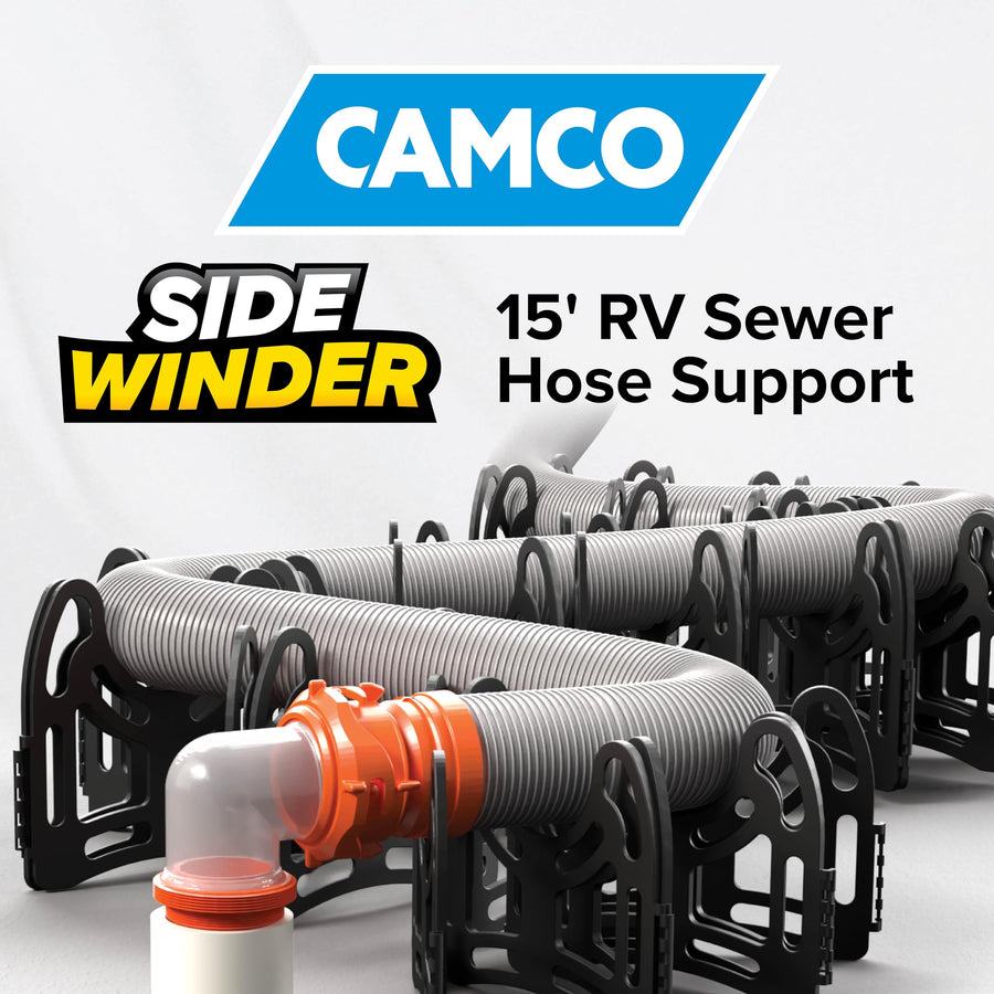 Camco RV Sidewinder Sewer Support Made from Sturdy Lightweight Plastic Curve Around Obstacles and Won't Creep Closed 15 Feet Black (43041)