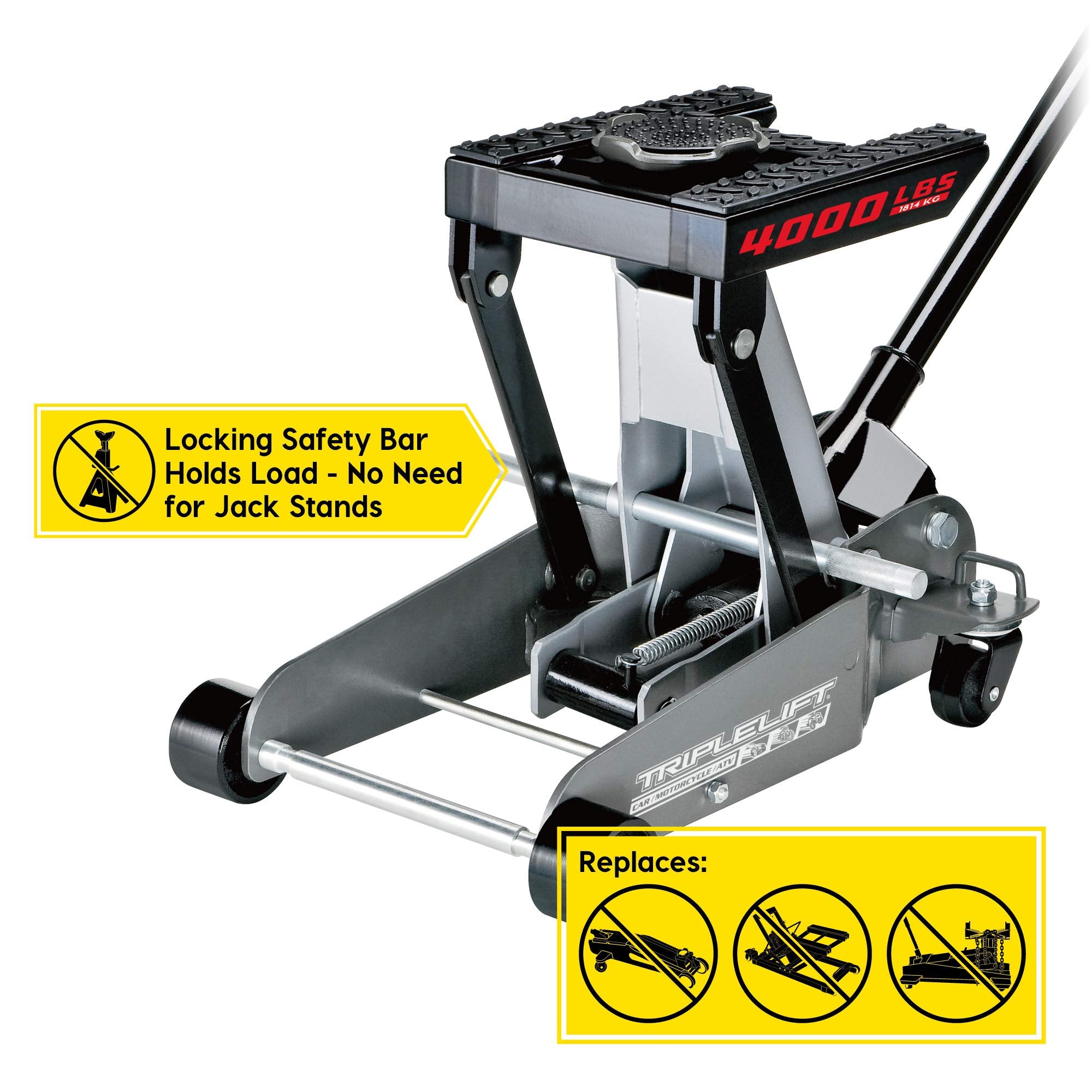 Powerbuilt 2 Ton Floor Jack Triple Lift, Works on Cars, Trucks, Motorcycles, ATV's, Transmissions, 4-3/4 to 17 in. Range, Wide and Stable, Locking Safety Bar - 620422E