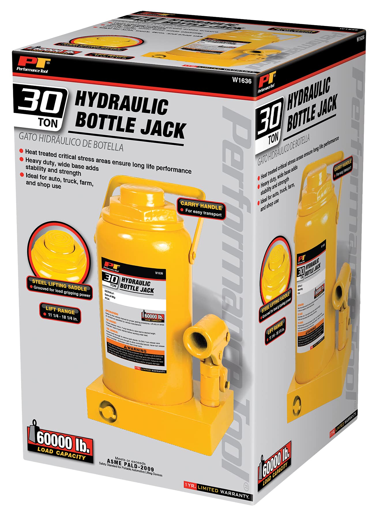 30 Ton Performance Tool W1636 Heavy Duty Hydraulic Bottle Jack, Range: 11 1/4-Inch to 18 1/4-Inch (60,000 lbs.)