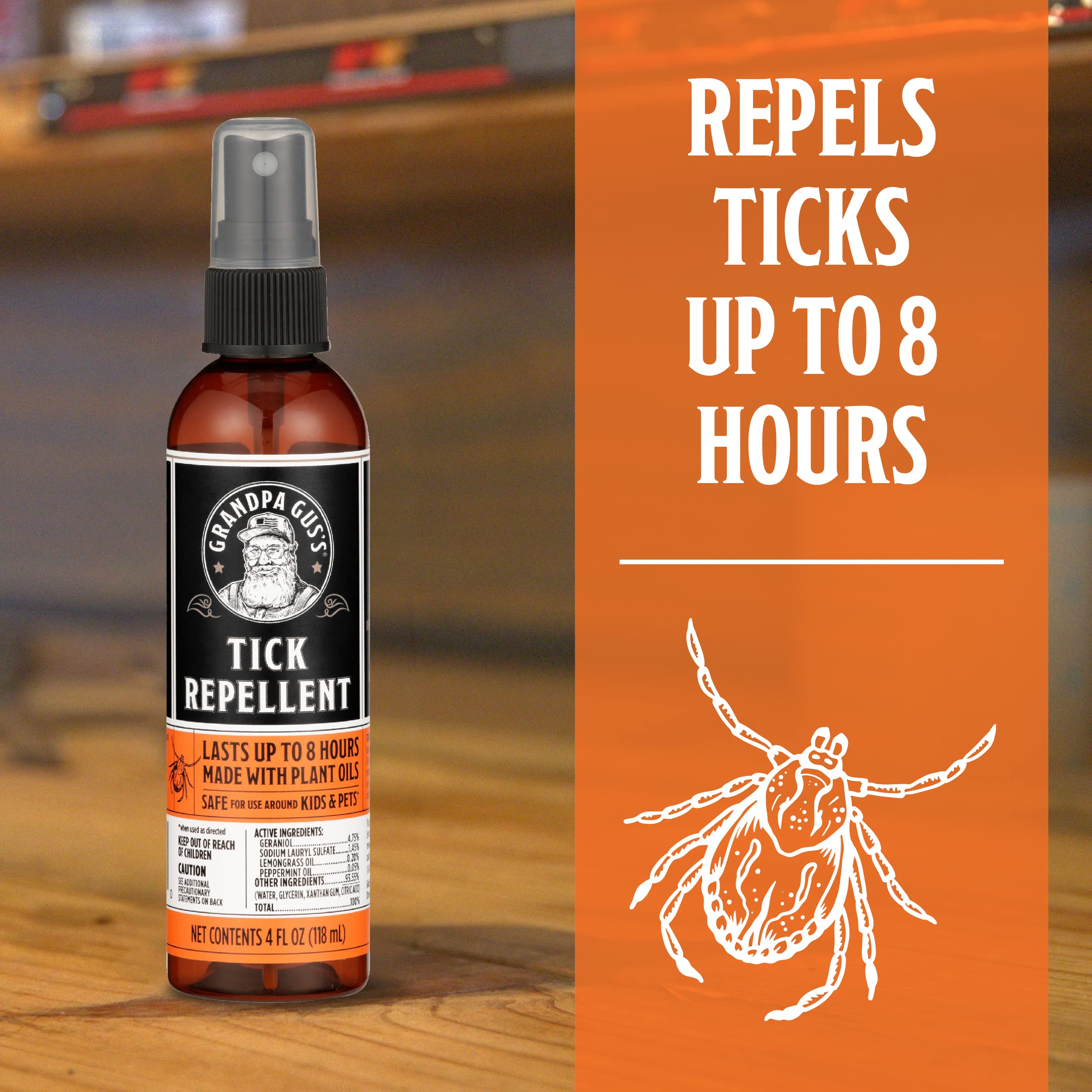 Natural Tick Repellent Spray Grandpa Gus's with Essential Oils - for Humans, DEET-Free, Up to 8 Hours of Protection, Camper Essentials, Safe Around Kids and Dogs, 4 oz (Pack of 2)