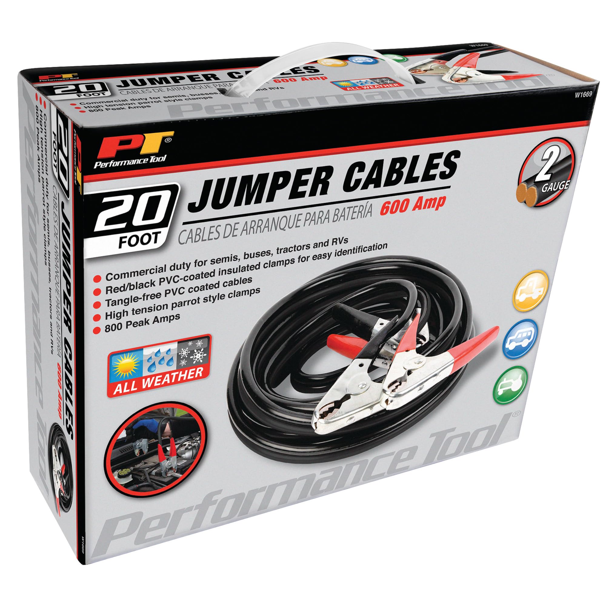 20' Performance Tool W1669 Commercial Duty 2-Gauge 800 PEAK AMP All Weather Jumper Cables for Tractors, Semis, Buses, and RVs