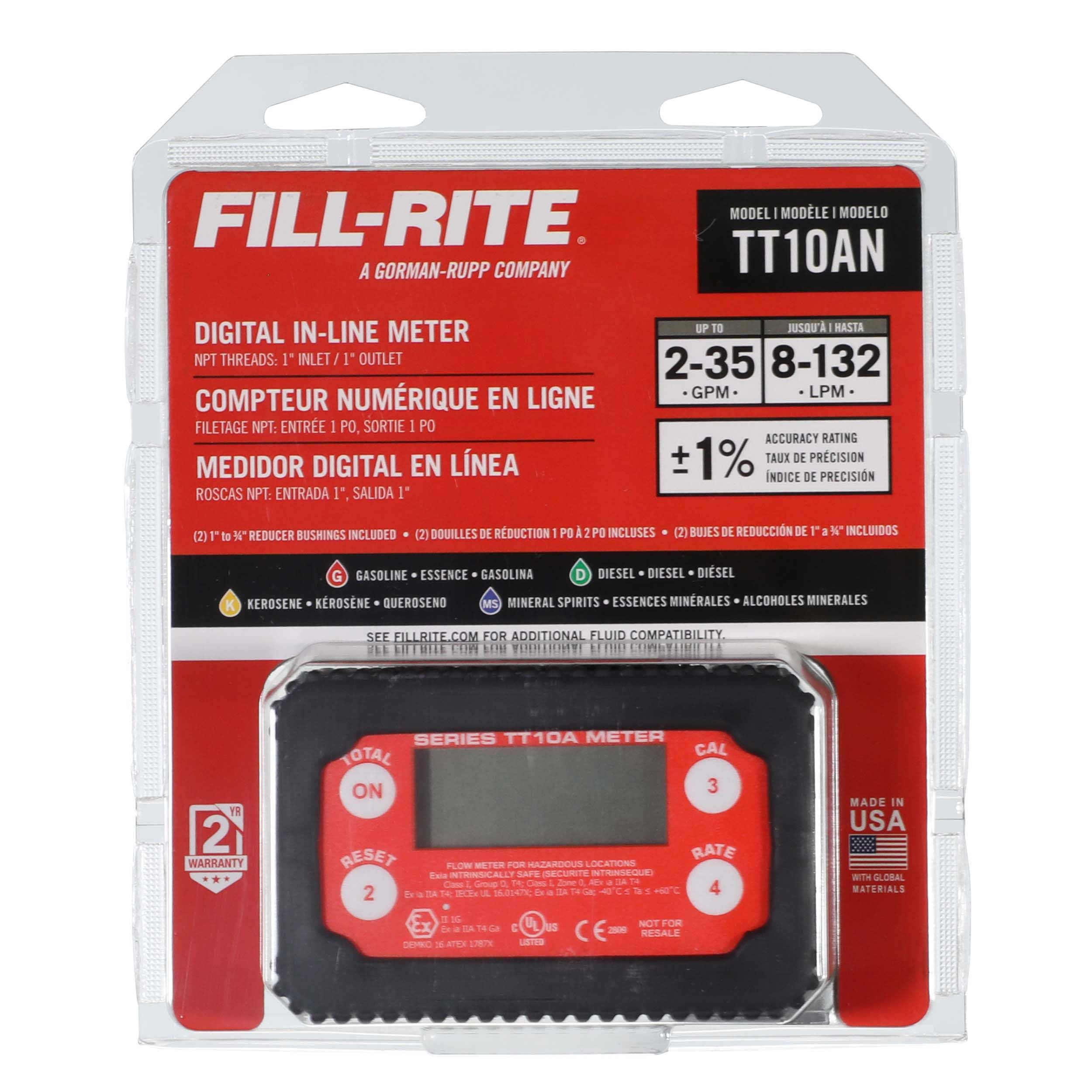 Fill-Rite 1" TT10AN 2-35 GPM(8-132 LPM) Digital In-line Turbine Meter, Aluminum, Fuel Transfer Meter,Black/Red