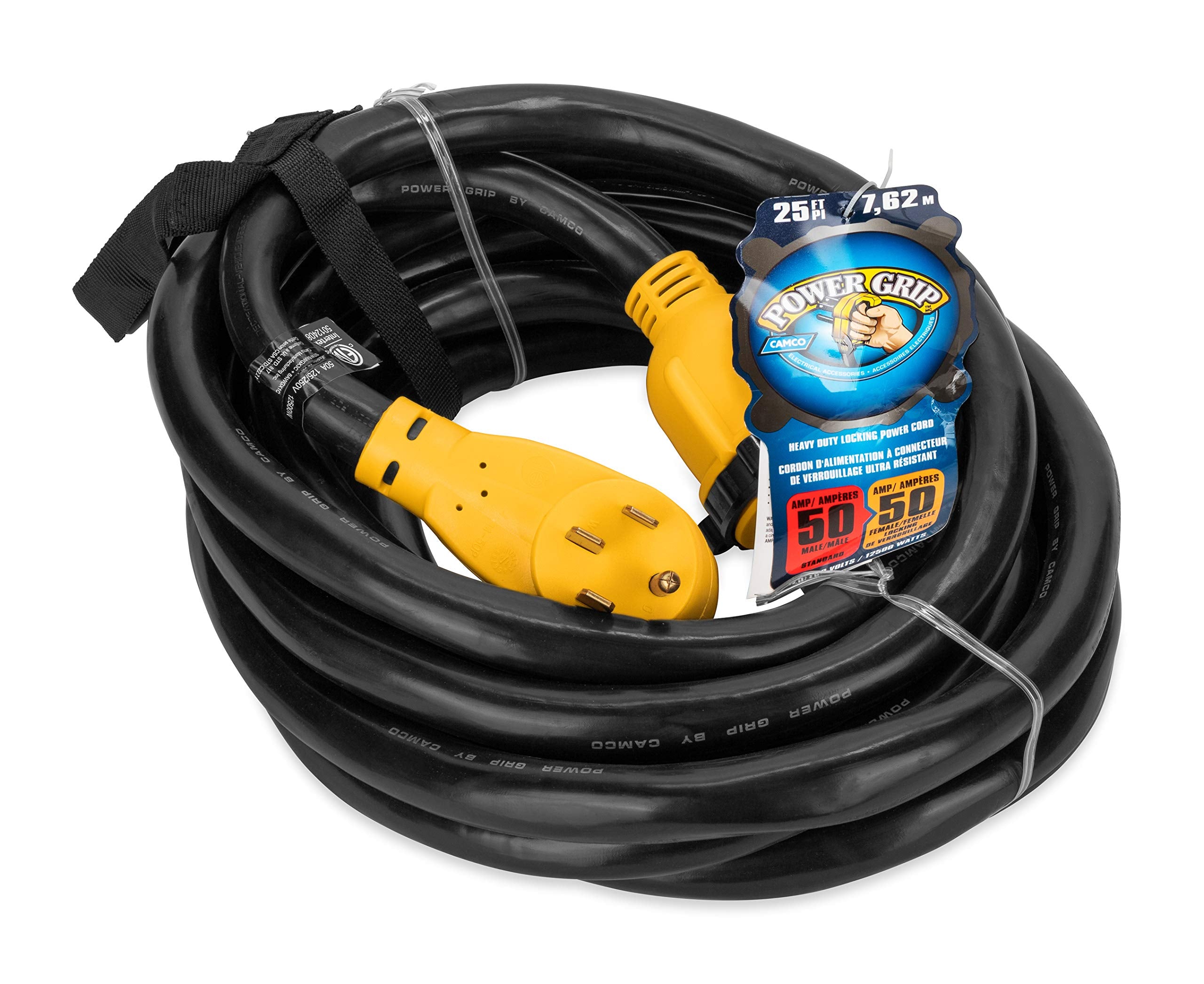 Camco 25-Foot PowerGrip 50-Amp RV Extension Cord | Features a 50-Amp Standard Male Connector, a 50-Amp Locking Female Connector, and is Rated for 125/250 Volts/12500 Watts (55542)