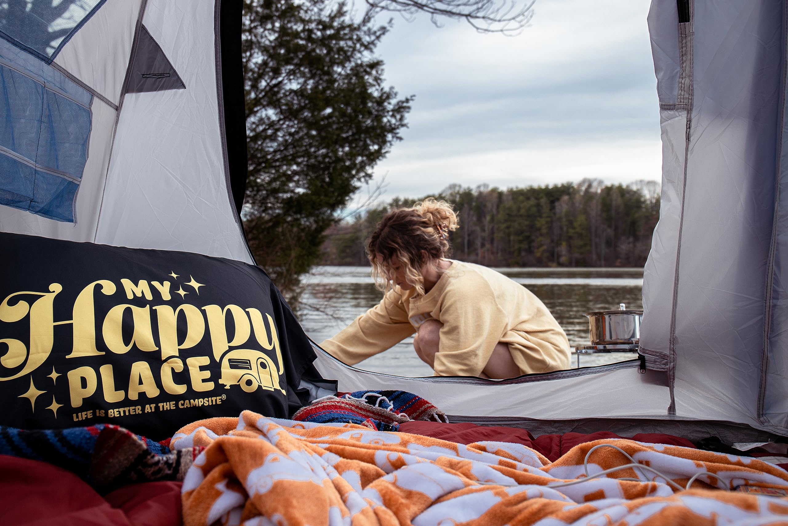 Camco Bed Sheet Set Life is Better at The Campsite | for RV King-Size Beds | Made Entirely of Polyester & Machine Washable | Features a Red Plaid My Happy Place Vintage-Inspired Look (53118)