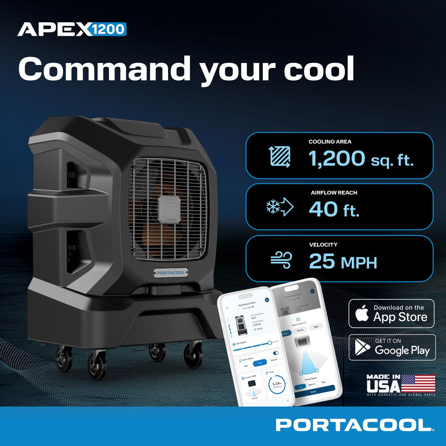 Apex 1200 Portacool (PACA12001A1) – Wi-Fi Enabled High Velocity Portable Evaporative Cooler for 1200 sq. ft. with up to 40-foot Reach, Programable, 40 Gallon Reservoir, Variable Speed