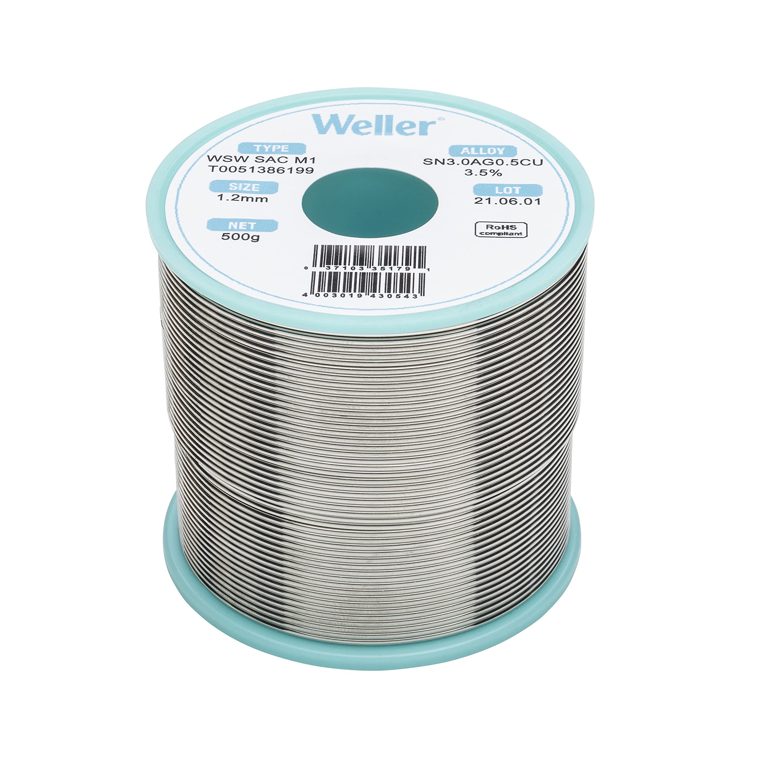 Weller Lead Free Solder Wire WSW SAC M1 (T0051386199), Dia: 1.2 mm / 0.047 in, Wt: 500 g / 17.637 oz, Alloy Sn96.5Ag3.0Cu0.5, Flux content 3.5%